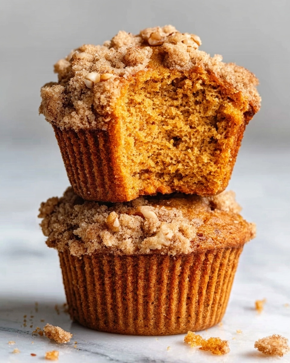Two muffins are stacked on top of each other on a white marbled surface. The bottom muffin is whole with a golden brown color and a slightly crisp, crumbly texture around the edges. The top muffin is cut in half vertically, showing its soft, moist, orange-brown inside with small nut pieces in the crumb. The top half has a crumbly streusel topping with a light brown color and small nuts scattered throughout. Crumbs are scattered around the muffins. The photo taken with an iphone --ar 4:5 --v 7