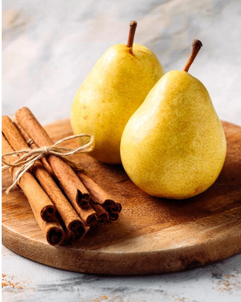 The image shows two yellow pears with smooth skin resting on a round wooden board. Next to the pears, on the left side, there is a small bunch of cinnamon sticks tied together with string. The background features a white marbled surface, adding a clean look to the scene. The lighting highlights the texture of the cinnamon and the softness of the pears. Photo taken with an iphone --ar 4:5 --v 7