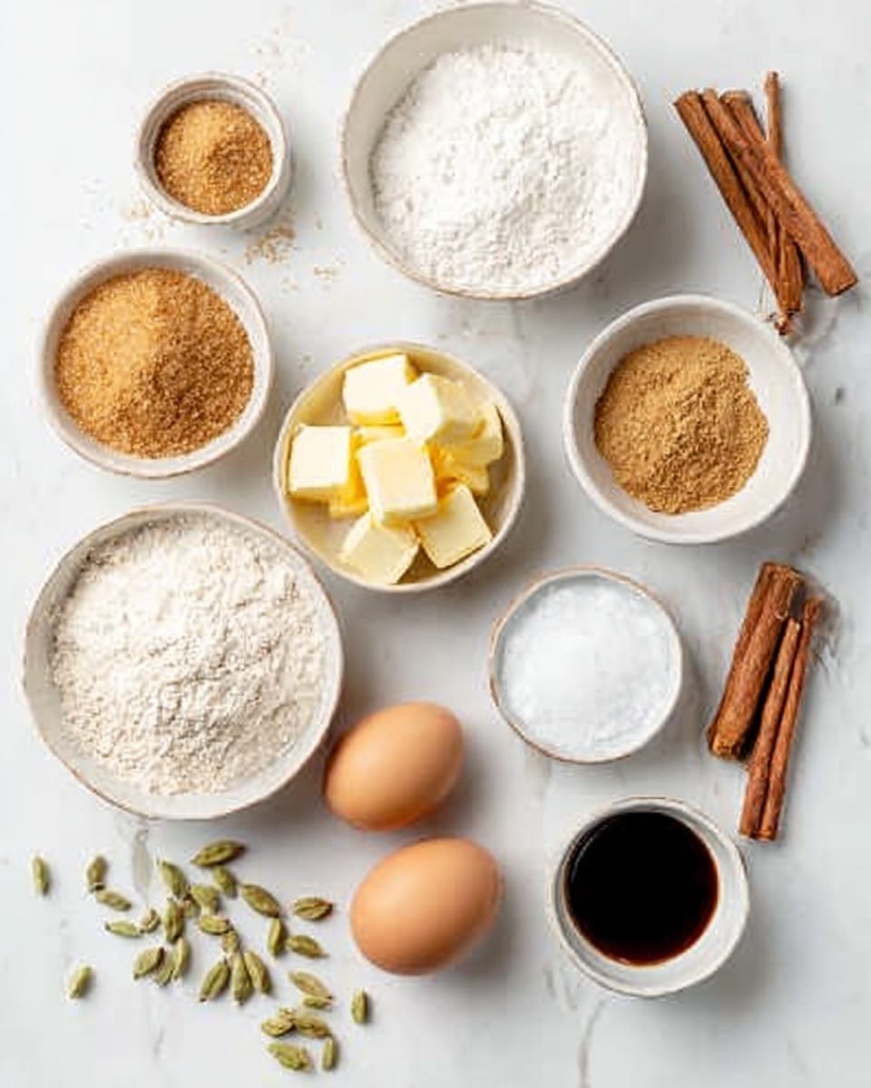 The image shows a white marbled surface with several small white bowls and dishes arranged neatly. There is a bowl of light brown sugar at the bottom left, a bowl of white granulated sugar near the top left, and a bowl of light yellow cubes of butter near the center left. To the right of the butter is a bowl with white flour, and above that, a bowl with light brown powdered spices. Near the top right, there are cinnamon sticks and green cardamom pods spread out. Two brown eggs sit near the bottom center, with a small white bowl of white salt next to them. At the bottom right, a small white bowl holds dark brown vanilla extract. All ingredients are shown clearly with soft natural light, photo taken with an iphone --ar 4:5 --v 7