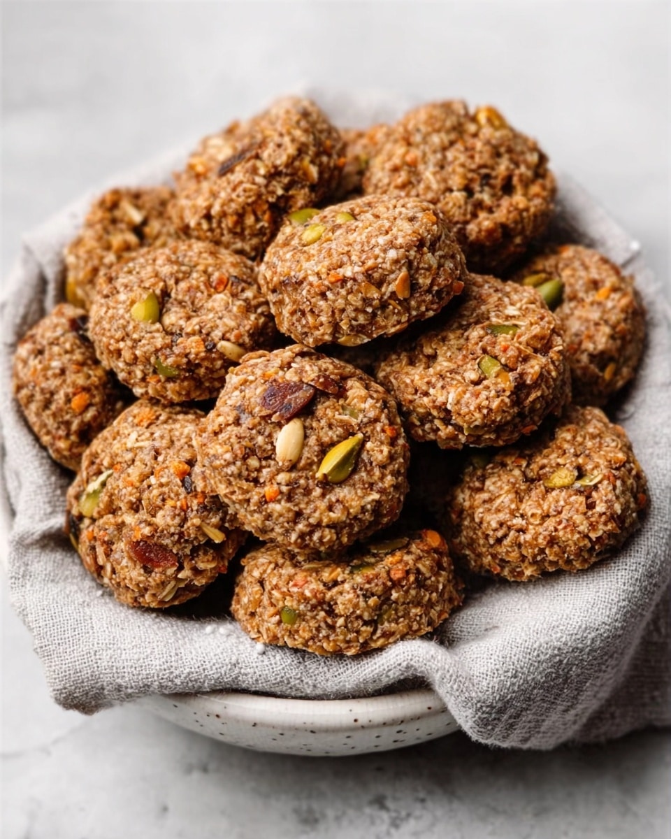 The image shows a white bowl filled with round cookies that look chunky and dense. The cookies have a rough texture with visible small pieces of nuts and seeds that add a mix of brown, orange, and green colors. The bowl is lined with a light grey cloth, and the bowl sits on a white marbled surface. The cookies are stacked in a pile, filling the bowl fully, with some cookies resting on top of others. photo taken with an iphone --ar 4:5 --v 7