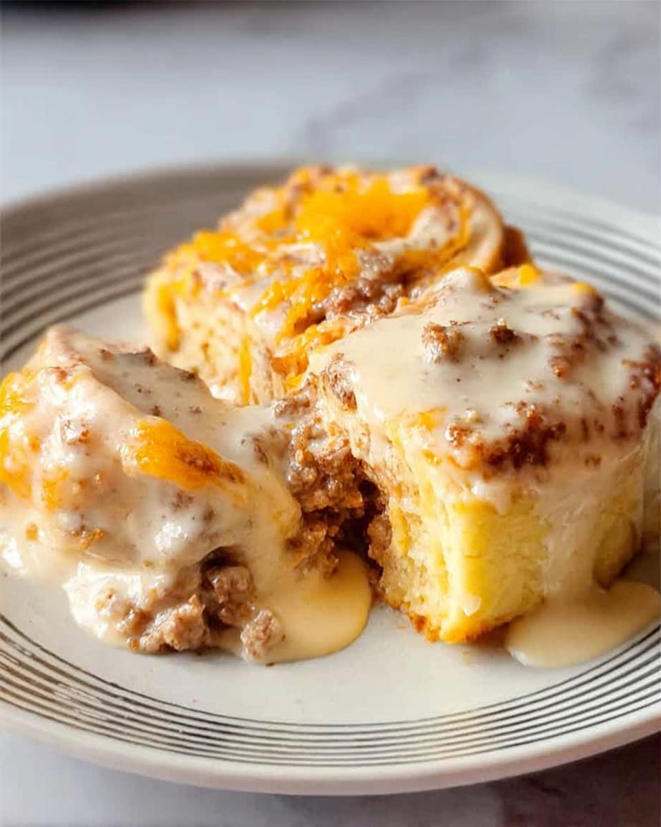 The image shows a white plate with black striped patterns, placed on a white marbled surface. On the plate, there are two pieces of rolled dough, filled and covered with a thick creamy white sauce that has bits of ground meat and melted orange cheese on top. The dough layers are light yellow and soft, with the filling showing through in some parts. The sauce looks smooth and rich, slightly dripping off the rolls, adding a moist texture to the dish. photo taken with an iphone --ar 4:5 --v 7