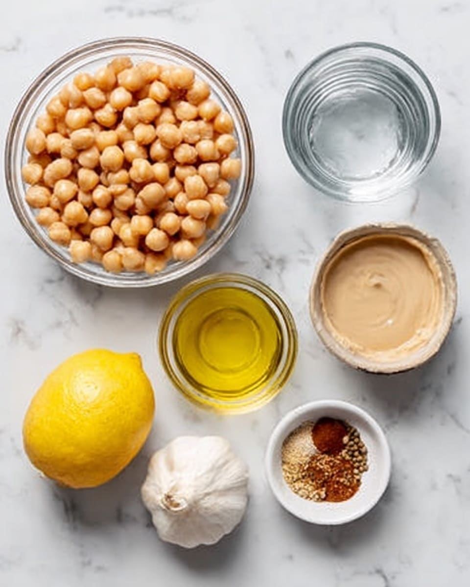The image shows seven ingredients arranged on a white marbled surface. In the top left is a clear glass bowl filled with tan round chickpeas. To the right of this bowl is a small clear glass bowl holding smooth beige tahini sauce. Below the tahini, a small clear glass bowl contains golden yellow olive oil. Near the center bottom is a small garlic bulb with white papery skin. To the left of the garlic is a bright yellow lemon. Below the lemon, a clear glass of water sits empty. Finally, to the bottom right, a small white bowl holds a mix of brown and reddish spices. photo taken with an iphone --ar 4:5 --v 7
