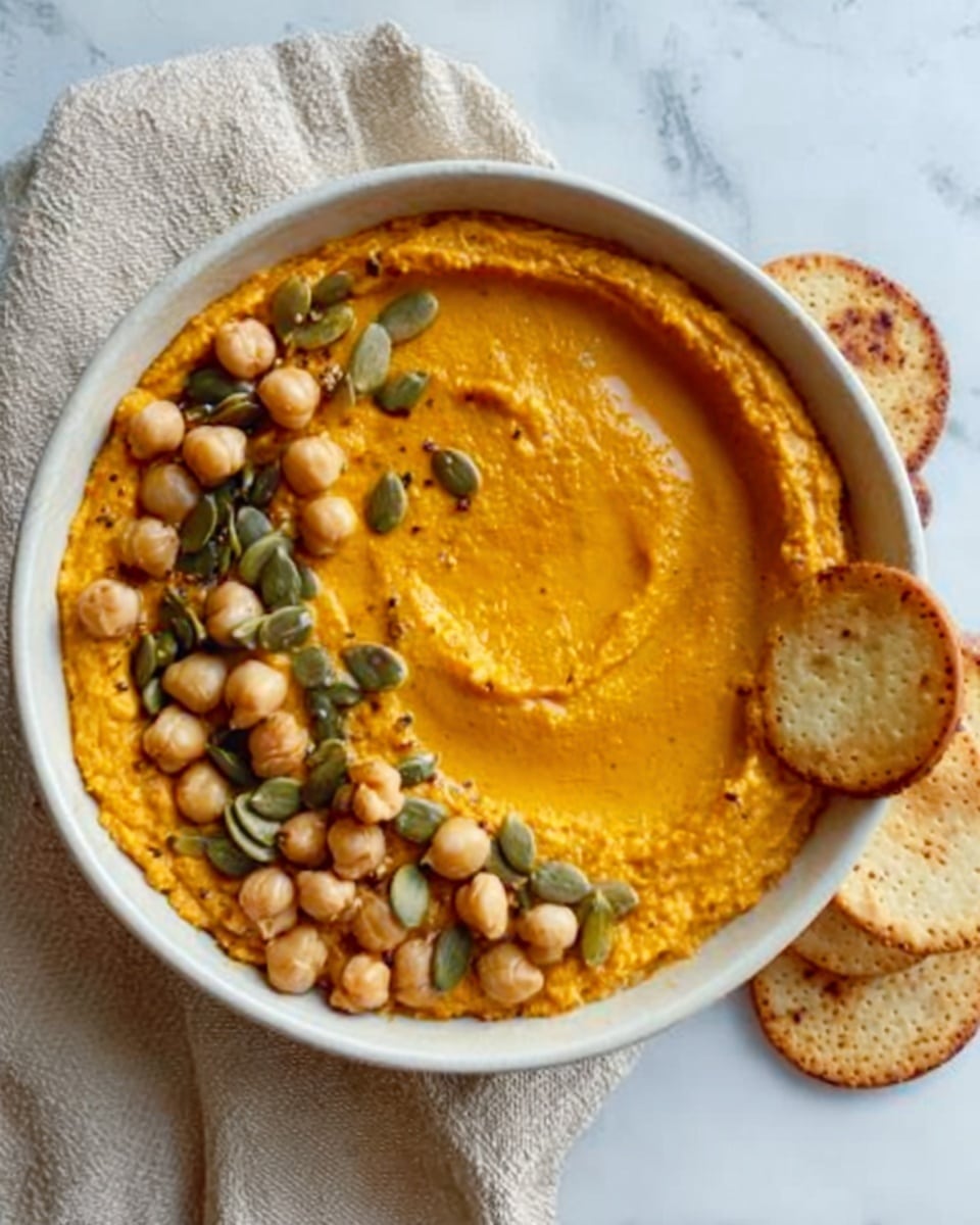 A white bowl contains a creamy orange dip with a smooth, swirled texture filling most of the bowl. On one side, there is a neat row of green pumpkin seeds and light brown chickpeas arranged as a topping. To the right, two small round flat pieces of bread or crackers lean against the edge of the bowl. The bowl sits on a white marbled surface with a beige cloth partly under it. The photo is taken with an iphone --ar 4:5 --v 7