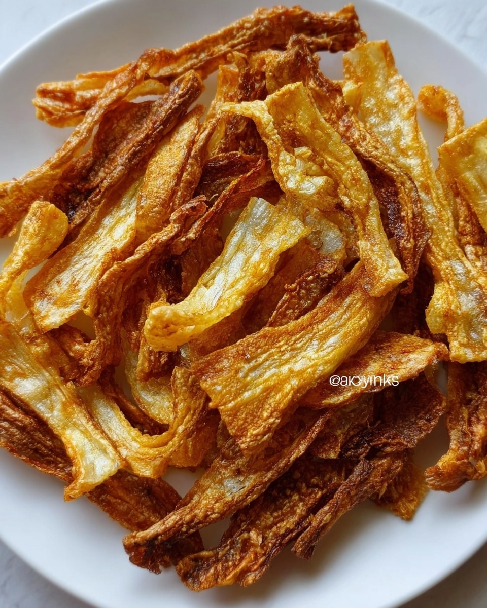 The image shows a close-up of a white plate filled with several layers of crispy, golden-brown fried snacks that look like thin strips of root vegetables or chips. The strips vary in color from light golden to deeper brown, with some showing a rough and crunchy texture and others appearing slightly wrinkled and curled. The plate is placed on a white marbled surface. The lighting highlights the different shades and textures, making the dish look crispy and inviting. photo taken with an iphone --ar 4:5 --v 7