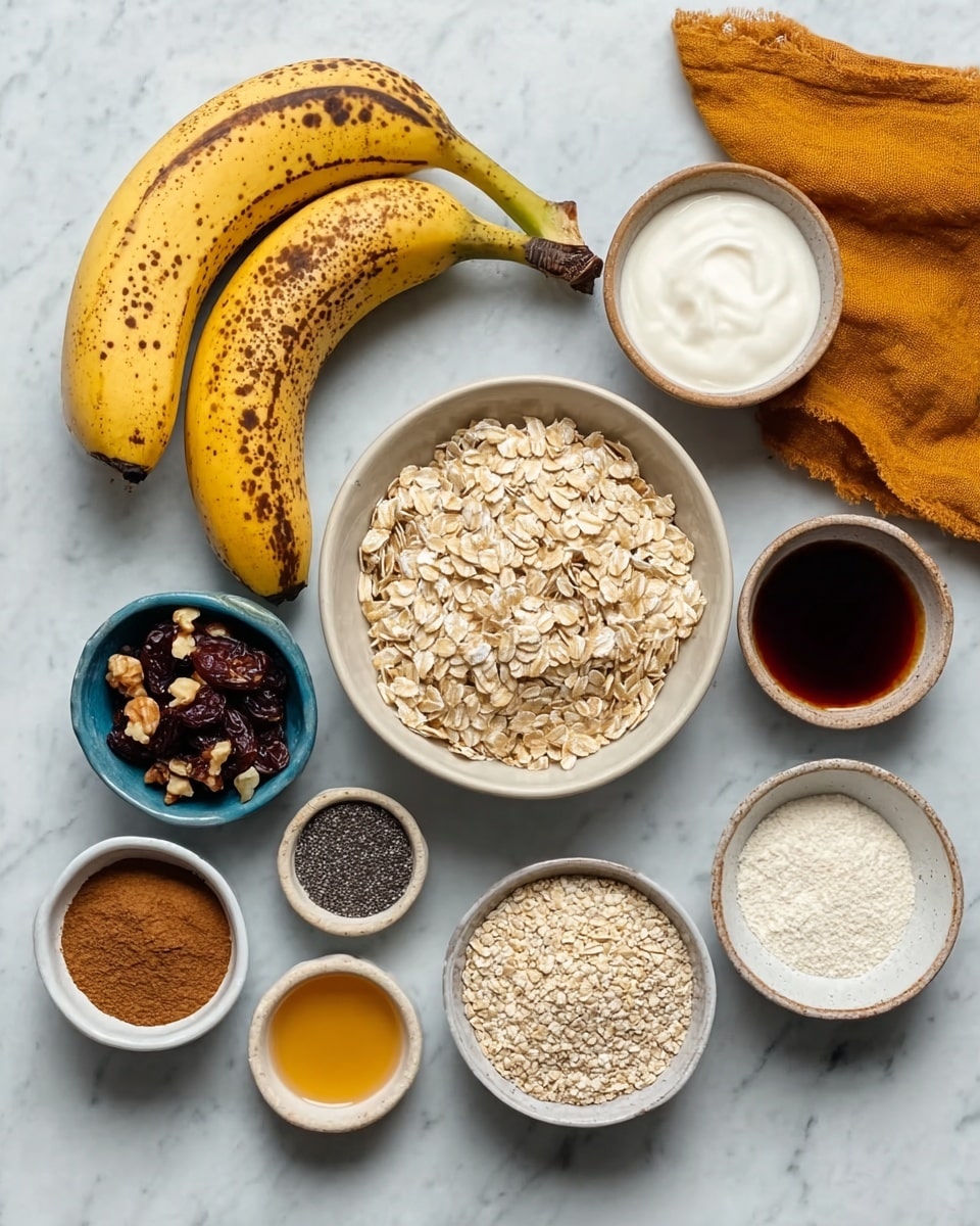 The image shows various ingredients arranged neatly on a white marbled surface. There are three ripe bananas with brown spots on the left, a small blue bowl filled with nuts below them, and a smaller white bowl containing raisins nearby. A larger white bowl filled with oats sits at the center right. Around these main items are six small white bowls with different ingredients, including a brown powder, a dark liquid, a golden syrup, white grains, black seeds, and white flour. A mustard-colored cloth is placed to the top right corner, adding a warm touch to the arrangement. photo taken with an iphone --ar 4:5 --v 7