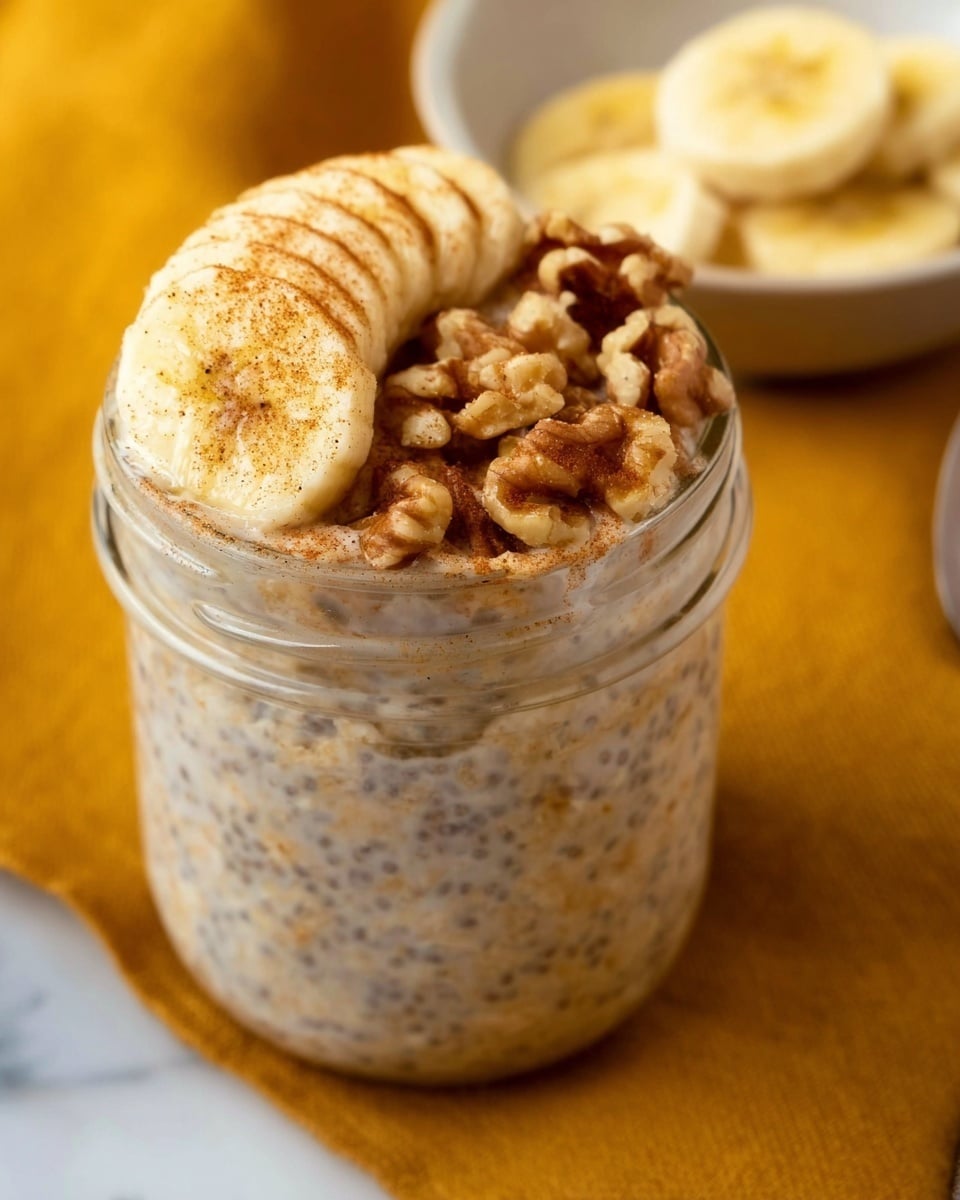 The image shows a close-up of a glass jar filled with creamy oatmeal that has visible specks of chia seeds, topped with a neat layer of thinly sliced banana arranged in a curved pattern on one side, and a generous layer of chopped walnuts beside the banana. A light dusting of cinnamon powder is sprinkled over the banana slices. Behind the jar, there is a small white bowl with more banana slices, all set on a bright mustard-yellow textured cloth on a white marbled surface. photo taken with an iphone --ar 4:5 --v 7