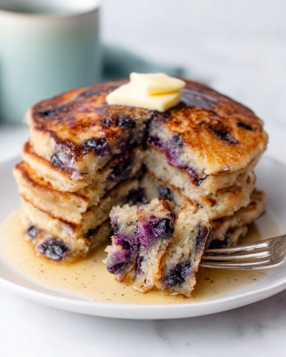 A stack of five thick, fluffy pancakes sits on a white plate, each pancake speckled with purple blueberries inside, showing a soft and moist texture. The top pancake has a small dollop of melting butter, glistening and creamy, adding a light yellow contrast to the golden-brown surface with darker, crispy spots. A woman's hand holds a fork, lifting a bite-size piece from the middle of the stack, revealing the inside filled with juicy blueberries and a slight purple tint. The plate is placed on a white marbled surface, with a blurred cup in the background. photo taken with an iphone --ar 4:5 --v 7