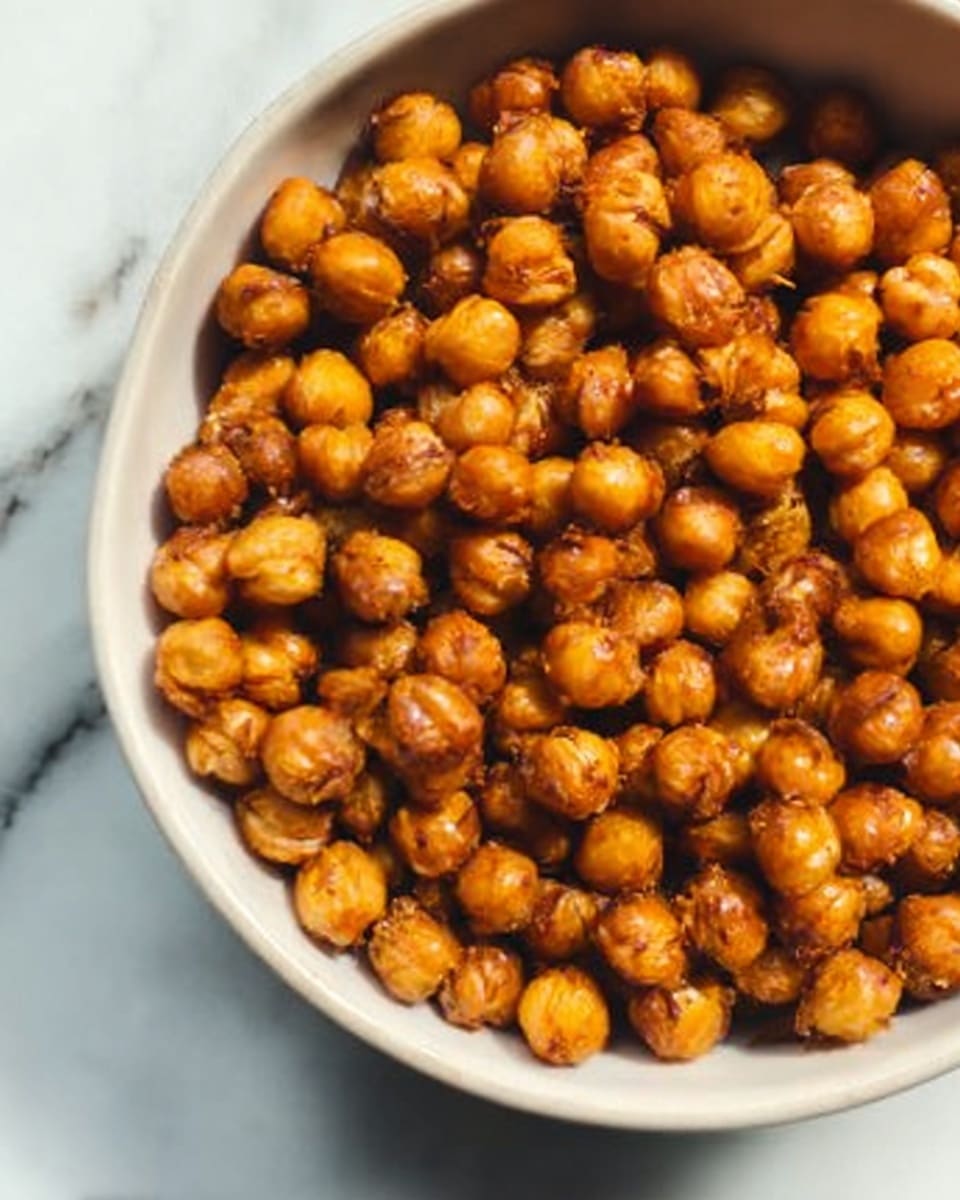 The image shows a close-up of a white bowl filled with golden brown roasted chickpeas, tightly packed and covering most of the bowl's surface. The chickpeas have a crispy texture with a light shine from oil or seasoning, and the bowl is placed on a white marbled surface. Photo taken with an iphone --ar 4:5 --v 7