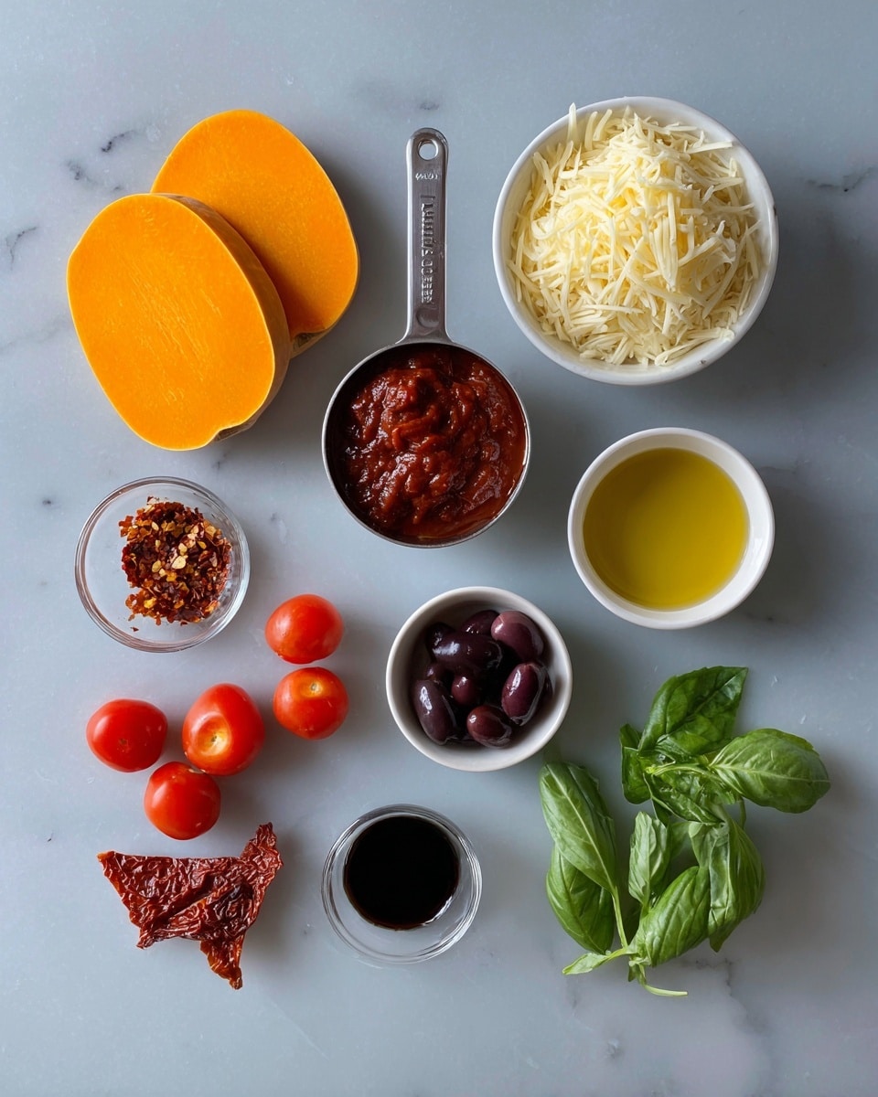 The image shows several separate ingredients arranged on a smooth white marbled surface. There are two thick, round slices of bright orange butternut squash placed near the top center. To the right, a small white bowl is filled with shredded pale yellow cheese, and above it, a metal measuring cup holds a thick, dark red tomato sauce with visible chunks. Below the squash slices, a small white bowl contains red chili flakes, while a metal measuring cup just below has dark purple olives. At the bottom right, a small white bowl holds a dark liquid, possibly balsamic vinegar. To the bottom left, there are two pieces of sun-dried tomatoes with a wrinkled texture, next to a triangular white bowl filled with golden olive oil. On the left side, two small red cherry tomatoes rest beside a bunch of fresh green basil leaves. The whole scene is brightly lit, with balanced natural light. Photo taken with an iphone --ar 4:5 --v 7