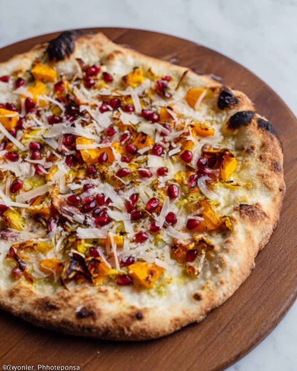 The image shows a round pizza with a golden brown crust that is slightly burnt in spots, sitting on a wooden board. The pizza has a thin layer of melted cheese and is topped with bright yellow and orange roasted vegetables scattered across the surface. There are small, vibrant red pomegranate seeds sprinkled evenly over the pizza, adding a pop of color. Thin, irregular shavings of pale cheese are layered on top, providing a textured look. The background is a white marbled surface. Photo taken with an iphone --ar 4:5 --v 7