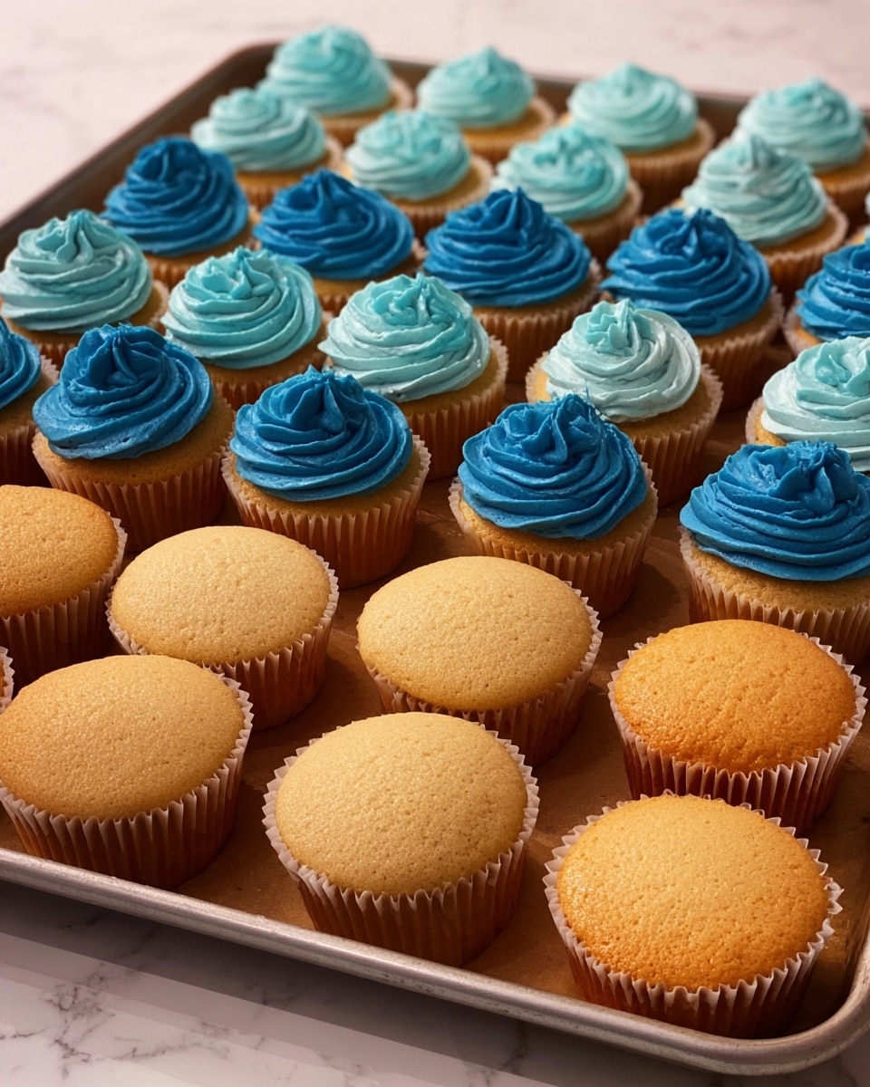 The image shows a baking tray filled with cupcakes arranged in rows. The front row has six plain golden brown cupcakes without frosting, showing a soft, smooth texture on top. The rows behind them have cupcakes topped with a generous spiral of blue frosting, ranging in shades from light to medium blue. The frosting has a smooth, swirled texture with visible peaks, neatly piped in a circular motion. The cupcakes sit in white paper liners and the tray is placed on a white marbled surface. photo taken with an iphone --ar 4:5 --v 7