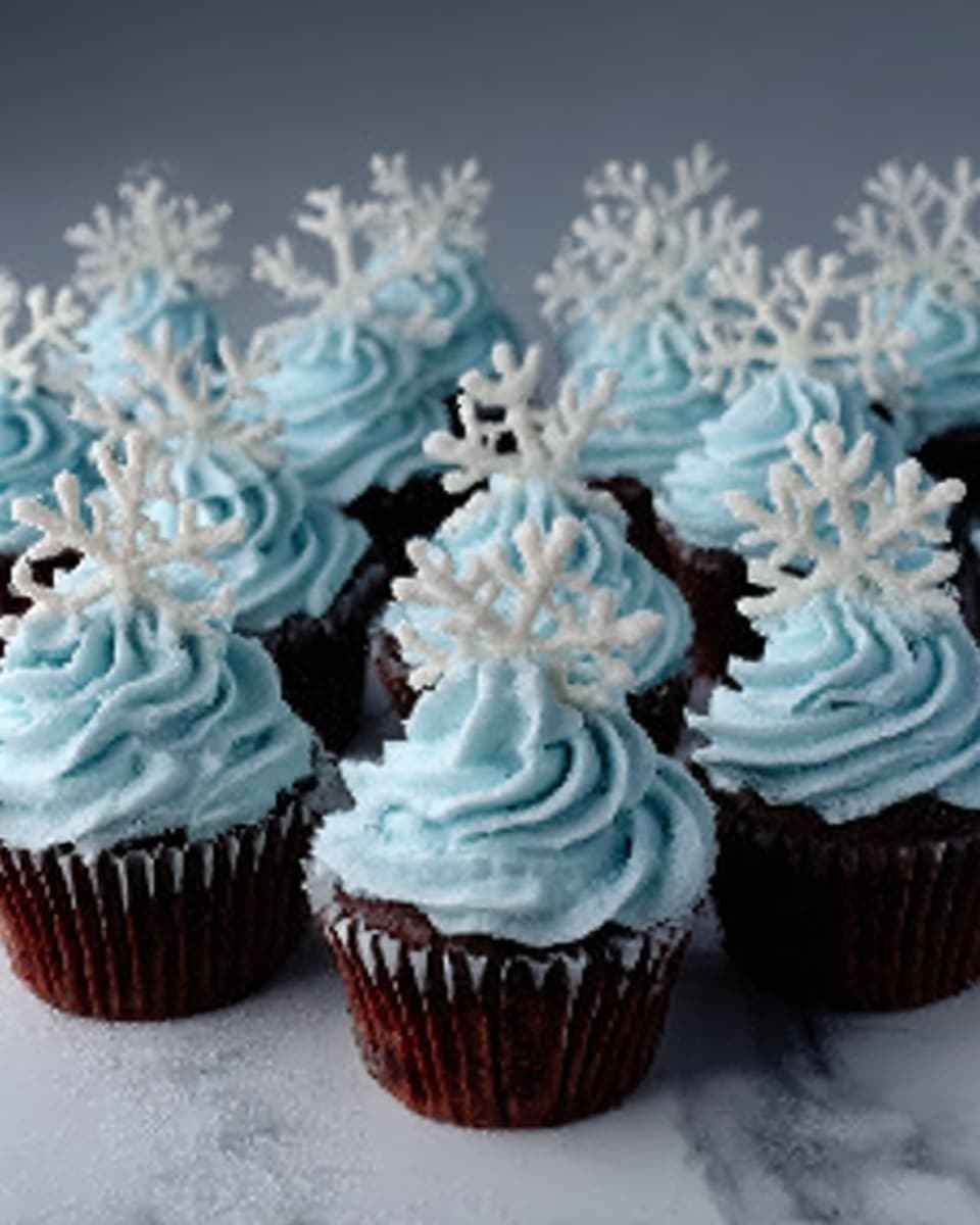 The image shows a group of cupcakes with three clear layers. The bottom is a dark brown cake base, the middle is a swirl of light blue frosting with a soft, smooth texture, and the top layer features white snowflake-shaped decorations that look like they are made of sugar, placed delicately on the frosting. The cupcakes are arranged close together on a white marbled surface. The lighting looks natural and bright. photo taken with an iphone --ar 4:5 --v 7