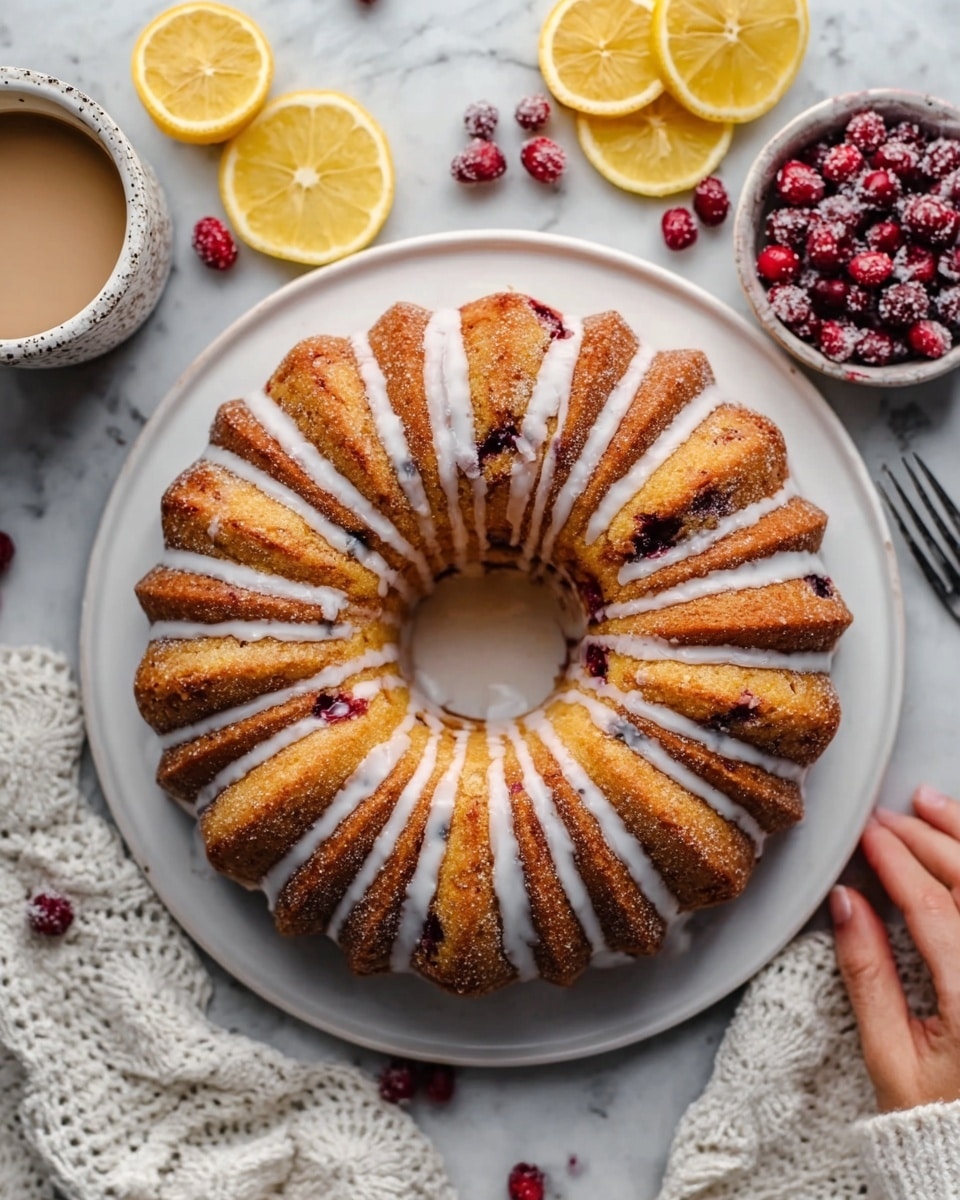 The image shows a round bundt cake with a golden-brown crust, arranged in segments around a central hole. The cake has visible dark spots of berries or fruit inside the dough. A white icing is drizzled in lines over the cake, creating thin stripes from the top middle to the edges. The cake sits on a plain white plate on top of a white marbled table. Nearby, there are small bowls filled with red berries, halved lemons, a cup with light-colored drink, and a white crocheted cloth. A woman’s hand is about to touch one side of the plate. Photo taken with an iphone --ar 4:5 --v 7