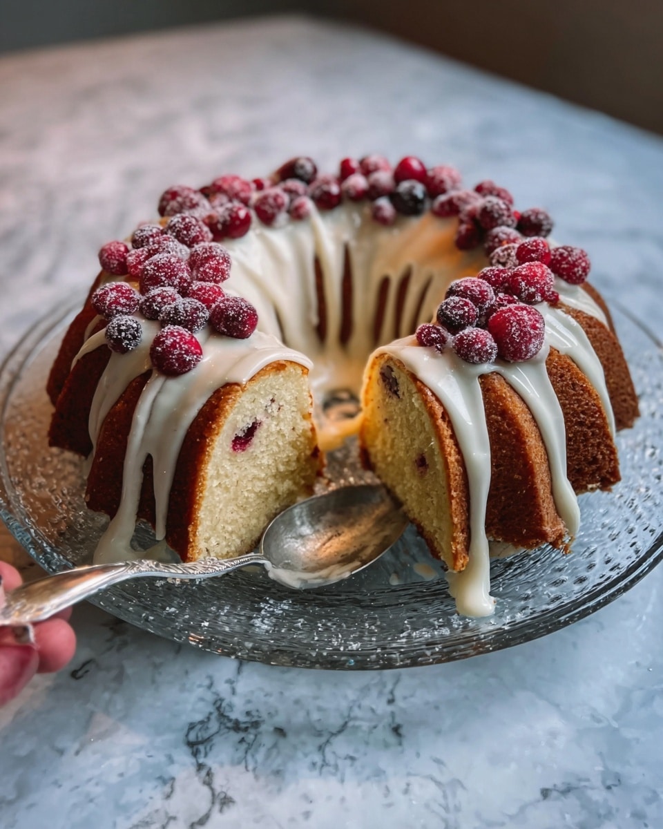 A round bundt cake with a light brown crust sits on a white marbled surface inside a clear glass plate. The cake is covered with a thick layer of smooth white icing that drips down the sides, pooling slightly at the bottom. There are bright red sugared cranberries placed evenly on top of the icing, adding a touch of color. A slice has been cut from the cake, showing a soft, pale yellow inside with small pieces of cranberry. A silver spoon rests inside the plate near the cut piece, and a woman's hand is seen holding the spoon. Photo taken with an iphone --ar 4:5 --v 7