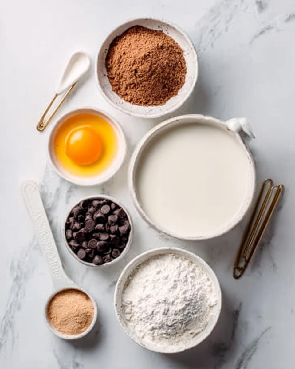 The image shows six white bowls arranged on a white marbled surface. The largest bowl, placed at the right side, is filled with creamy white milk. Above it, there is a small white bowl holding a sunny yellow egg yolk. To the left of the yolk, a white bowl contains brown sugar with a grainy texture. Below the sugar, a measuring cup holds round dark chocolate chips. Next to the chocolate, a white spoon has light brown sugar, and below that, a white bowl holds white flour. The scene captures the ingredients neatly separated, ready for use. Photo taken with an iphone --ar 4:5 --v 7