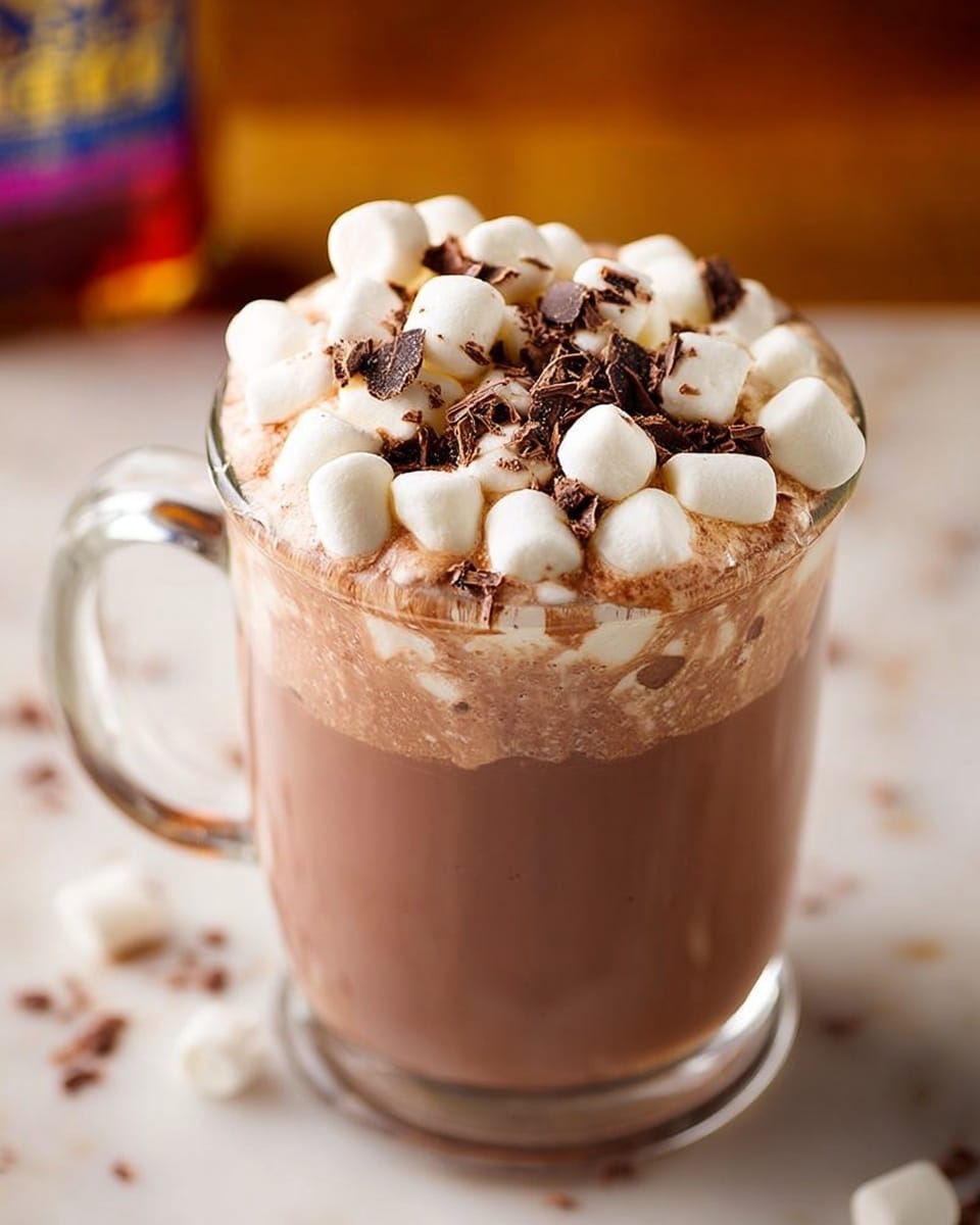 A clear glass mug filled with smooth, light brown hot chocolate sits on a white marbled surface. The drink is topped with a thick layer of small white marshmallows scattered evenly across the top. Underneath the marshmallows, there are thin shavings of dark chocolate sprinkled lightly, adding texture and a dark contrast. The mug has a sturdy handle on the left side, and the background shows blurred warm tones with hints of amber. photo taken with an iphone --ar 4:5 --v 7