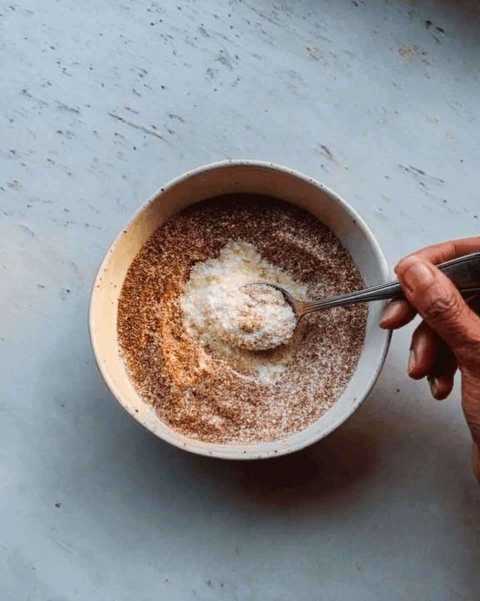 A white bowl filled with a mixture of light and dark brown powders, with a small pile of white powder in the center. A woman's hand holds a spoon, stirring the white powder into the brown mixture. The bowl is placed on a white marbled surface. The lighting hints at a natural, soft setting. photo taken with an iphone --ar 4:5 --v 7