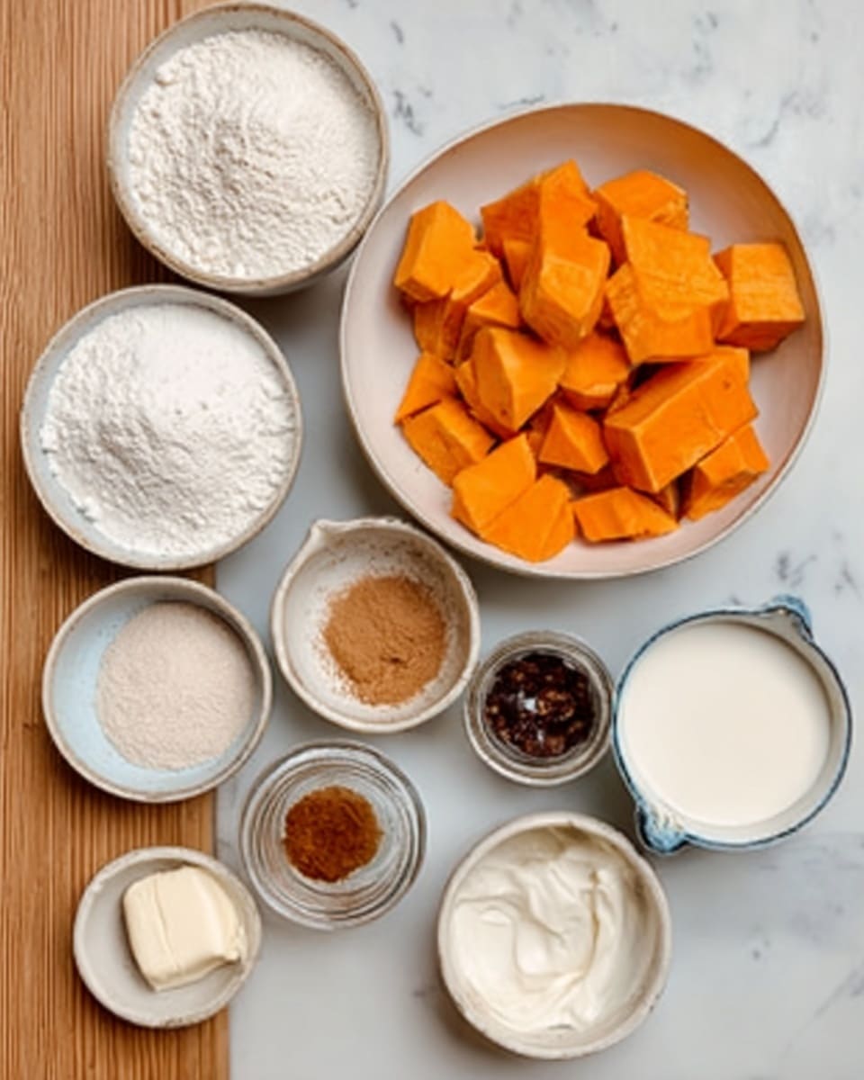 The image shows several white bowls and small jars arranged on a white marbled surface. A large white bowl in the center holds peeled, bright orange chunks of sweet potato. Surrounding it are smaller white bowls with different ingredients: one with white flour, one with white sugar, one with a light brown powder (likely cinnamon), and one with light cream or yogurt. There are also a few small jars, one possibly containing vanilla extract, and a small white dish with a white solid (likely coconut oil or butter). The colors are soft and natural, with the orange sweet potato contrasting against the white bowls and surface. Photo taken with an iphone --ar 4:5 --v 7