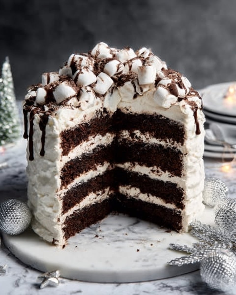 The image shows a tall, round chocolate cake with five visible layers of dark chocolate sponge separated by creamy white frosting. The top of the cake is covered with a thick layer of fluffy white frosting and piled high with small white marshmallows drizzled with dark chocolate sauce. The cake is placed on a white marble surface with silver Christmas decorations around it, adding a festive touch. A portion of the cake is cut out, showing the neat layers inside. photo taken with an iphone --ar 4:5 --v 7
