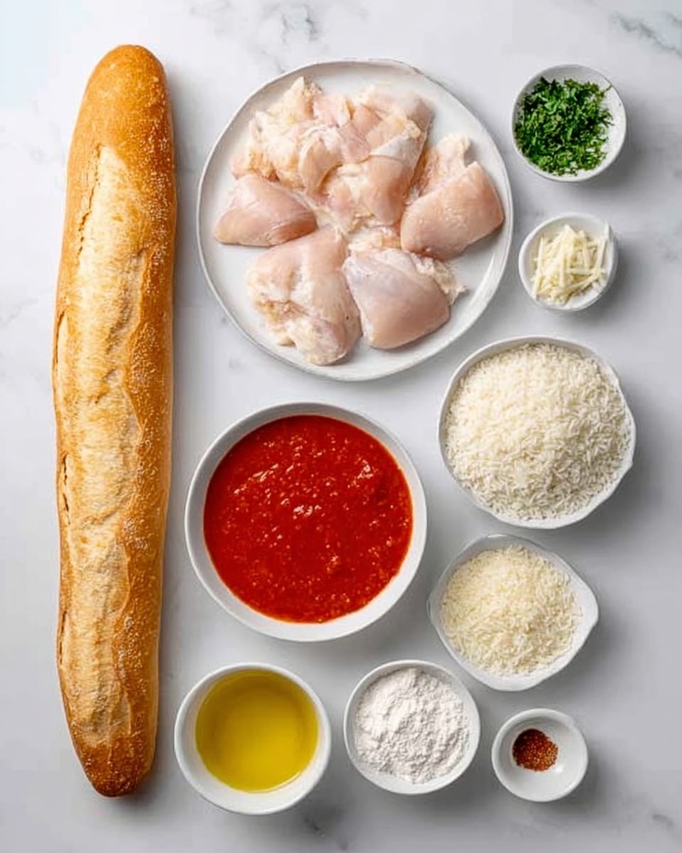 The image shows a white marbled surface with ingredients for a meal arranged neatly. On the left, there is a long, golden-brown baguette. Above it, on a white plate are raw chicken pieces, with small white bowls around holding salt, chopped green herbs, white rice, grated white cheese, red tomato sauce, olive oil, a light yellow liquid, and flour. Each ingredient is placed carefully and spaced evenly. The photo is clear and bright, taken with an iphone --ar 4:5 --v 7