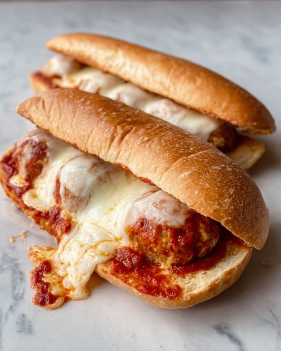 Two long sandwiches sit on a white marbled surface. Each sandwich has a soft, light brown bun with a slightly shiny top. Inside the buns, there is a thick layer of melted white cheese covering meatballs in a red tomato sauce. The cheese looks creamy and slightly stretchy, dripping a little over the sides of the meatballs. The sauce is rich and bright red, pooling slightly under the cheese. The sandwiches are close to each other, leaning slightly, showing the melted cheese and sauce textures clearly. Photo taken with an iphone --ar 4:5 --v 7