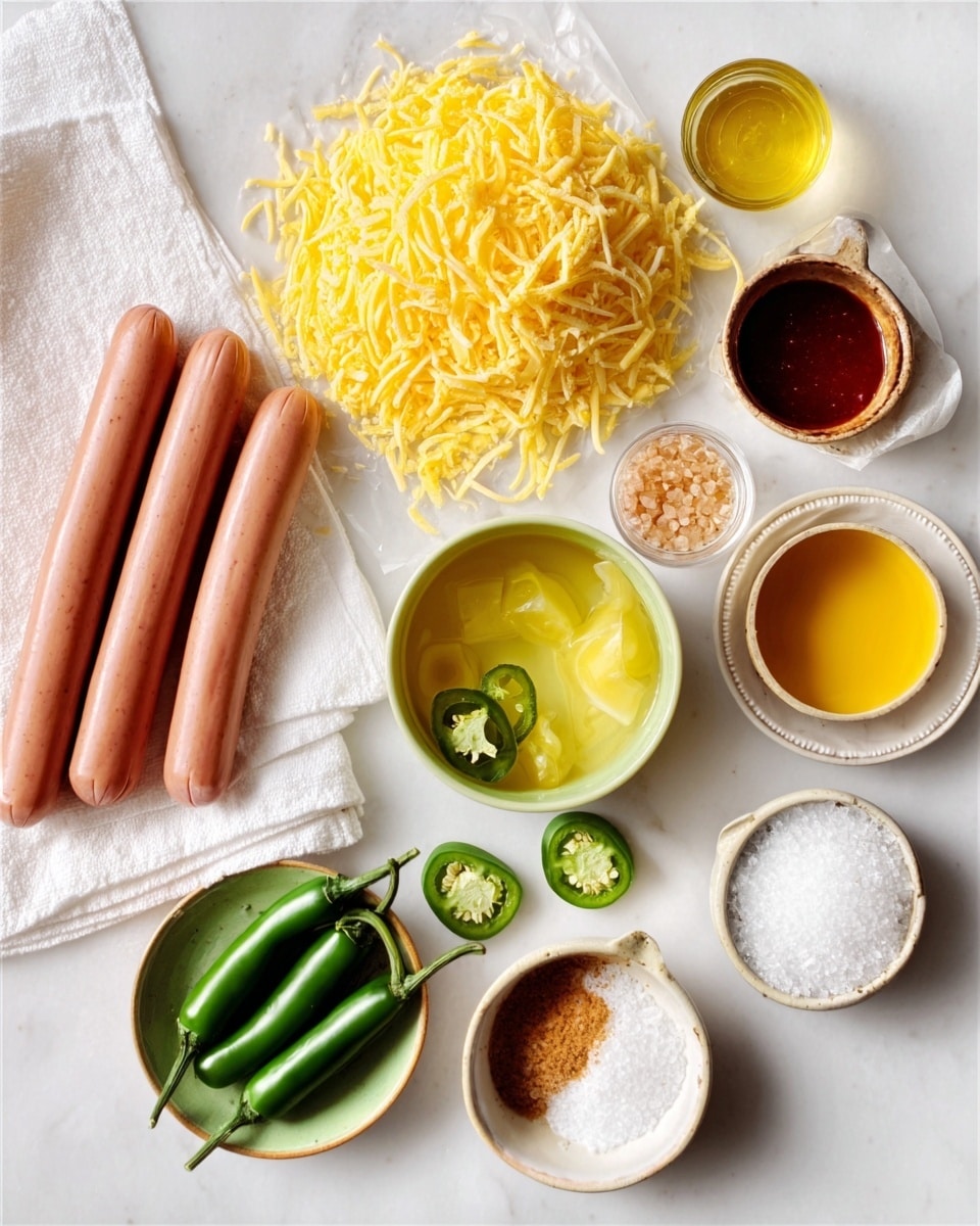 The image shows a white surface with several food items arranged neatly. On the left side, four raw hot dogs are placed on a white cloth. Above them, there is a pile of shredded yellow cheese with a soft texture. Below the cheese, five fresh green jalapeño peppers are placed, some whole and some sliced open to reveal seeds. On the right side, there are small bowls filled with different ingredients: one bowl has a yellow sauce, another holds a dark reddish-brown sauce, and there are small cups with white powder and translucent granules. The overall layout is clean and bright, with each item clearly visible on the white marbled surface, photo taken with an iphone --ar 4:5 --v 7