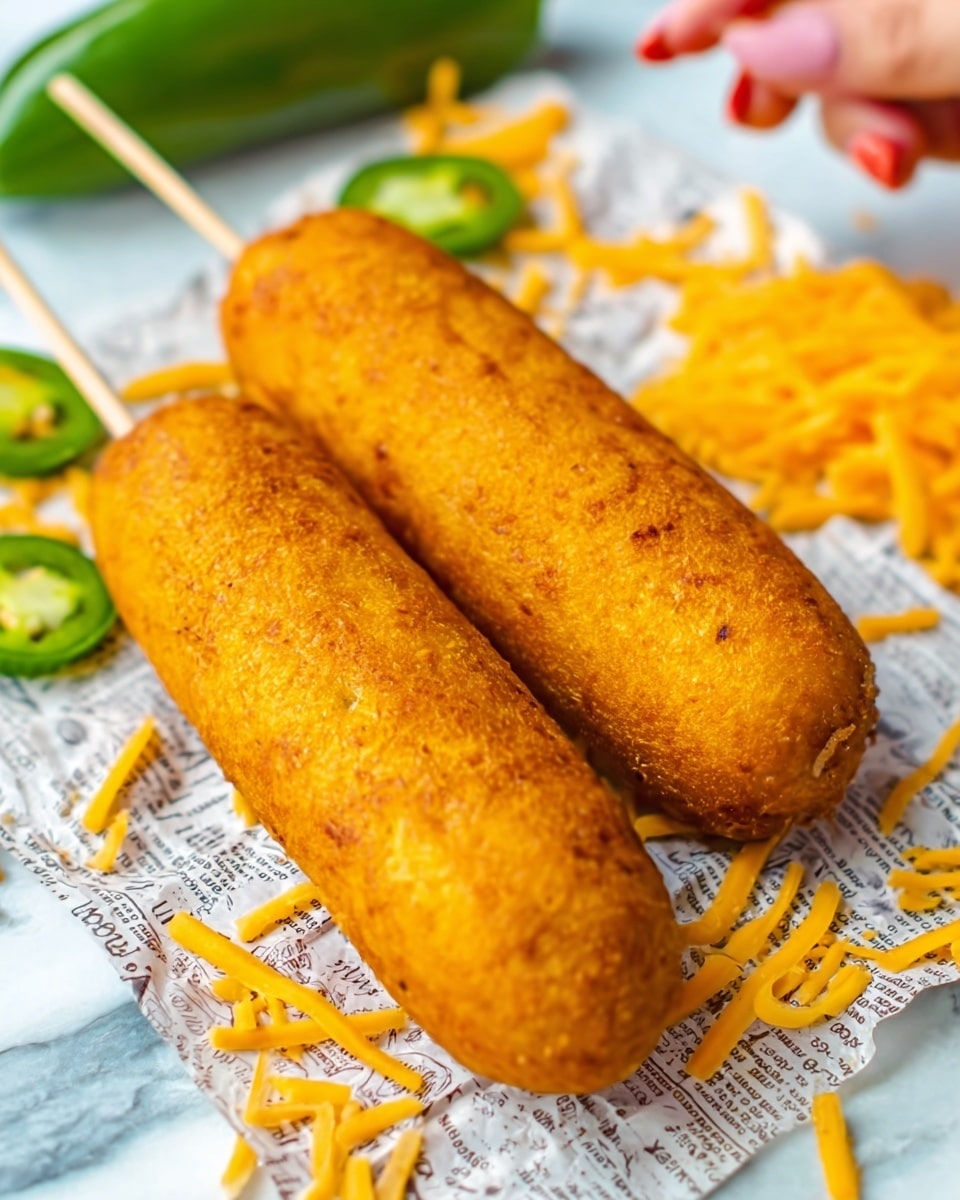 The image shows two golden-brown corn dogs placed on white paper with a printed text design. The corn dogs have a crispy, slightly rough texture and are positioned side by side, angled slightly. Around the corn dogs, there are slices of green jalapeños and small piles of shredded cheddar cheese scattered on the white marbled surface. In the background, a woman's hand holds one corn dog from the top, adding a lively, casual feel to the scene. The colors focus on warm yellows and browns with green and orange accents, creating a vibrant and appetizing look. Photo taken with an iphone --ar 4:5 --v 7