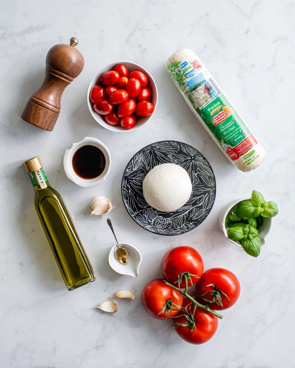 On a white marbled surface, there are fresh ingredients arranged neatly. In the top left, a small white bowl holds bright red grape tomatoes. Next to it on the right is a roll of pizza crust dough in green packaging. Below, there is a round ball of white mozzarella cheese sitting on a small black plate with white designs. To the right of the cheese, two green basil leaves lay flat on the surface, and more basil leaves are in a small white bowl. Towards the bottom, three ripe red tomatoes are attached to green stems. On the left side, there is a tall green bottle of olive oil, a wooden pepper grinder, and a small white salt dish with a gold spoon inside. Two cloves of garlic are placed in a small white bowl next to a dark balsamic vinegar in another small white bowl. The scene is bright and clean, emphasizing fresh and colorful ingredients, photo taken with an iphone --ar 4:5 --v 7