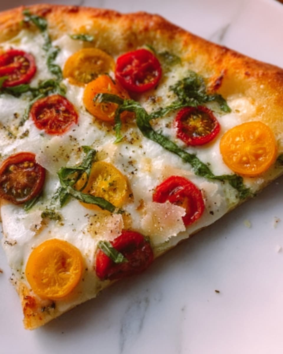 The image shows a close-up of a pizza slice on a white plate, placed on a white marbled surface. The pizza has a thin, golden-brown crust. The first layer is melted white cheese that covers the entire slice, followed by small slices of red and yellow cherry tomatoes scattered on top. There are also green basil leaves spread over the cheese and tomatoes. Thin, light-colored shavings of cheese are sprinkled over the pizza, adding texture. The colors are bright and fresh, with the golden crust, white cheese, red and yellow tomatoes, and green leaves all clearly visible. Photo taken with an iphone --ar 4:5 --v 7