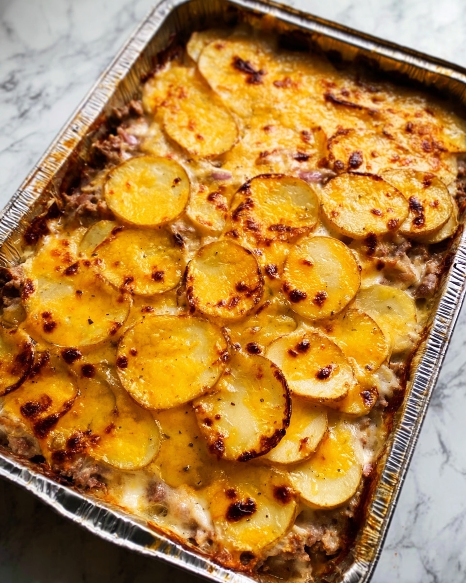 A rectangular metal tray filled with a baked dish showing multiple layers. The bottom layer is a mix of light brown cooked meat pieces, topped with a thick layer of melted yellow cheese with a smooth texture and lightly browned spots. On top, there are thin round slices of potatoes, golden-brown with slight crispy edges scattered evenly. The tray rests on a white marbled surface. photo taken with an iphone --ar 4:5 --v 7