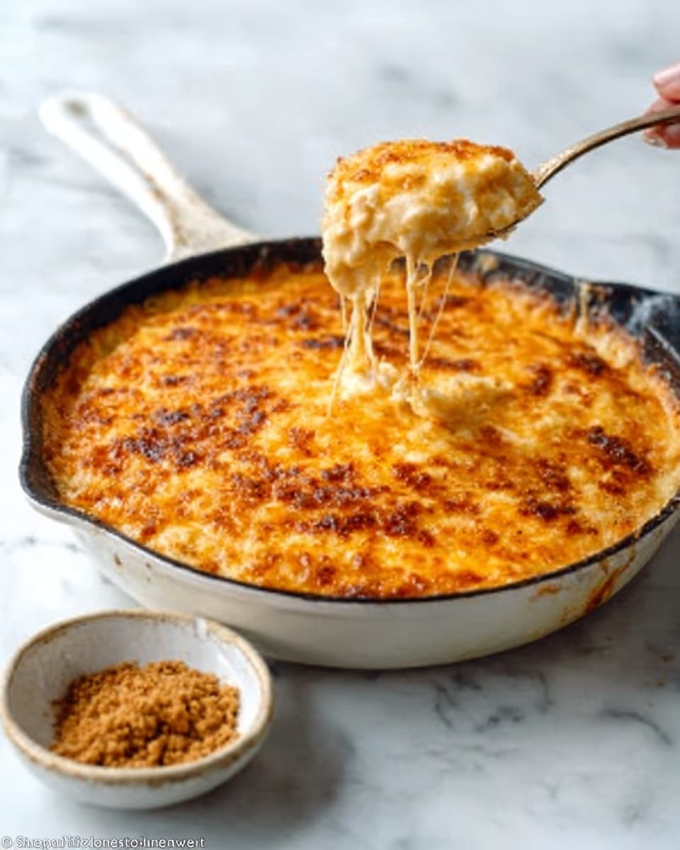 A white cast iron pan filled with a golden brown baked dish that has a bubbly, slightly crispy cheese layer on top. A woman's hand is lifting a spoonful from the pan, showing melted cheese stretching from the pan to the spoon. Below the cheese top, you can see a creamy, light orange filling. The pan is set on a white marbled surface with a small white bowl of brown crumbs next to it. Photo taken with an iphone --ar 4:5 --v 7
