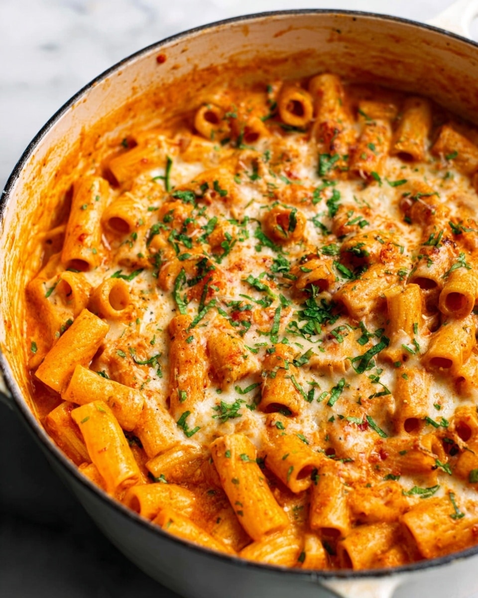 The image shows a thick creamy pasta inside a white round pot. The pasta is shaped like small tubes and covered with a smooth orange-red sauce mixed with melted cheese. On top, there is a sprinkle of green herbs that add a fresh color contrast. Some tomato parts are visible in the background on the white marbled surface. The pot is full and looks warm and inviting. photo taken with an iphone --ar 4:5 --v 7