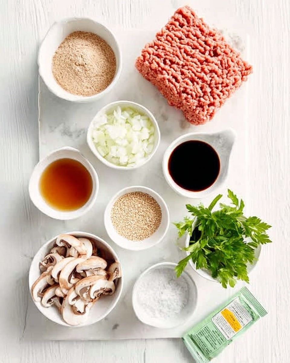 The image shows nine small white bowls arranged on a white marbled surface in a neat grid. At the top right, there is a rectangular block of raw ground meat with a pinkish-red color and a textured surface. To its left, there is a small white bowl filled with a light brown powder. Below the ground meat, another small white bowl contains glossy white chopped onions. To the right of the onions, a small white bowl holds fresh green parsley leaves. Below the onions, a small white bowl is filled with light tan sesame seeds. To the left of the sesame seeds, a small white bowl contains light brown soy sauce. At the bottom left, a small white bowl shows fresh brown and white sliced mushrooms. Next to the mushrooms, a small green and yellow packet lies flat on the surface. In the middle right, a small white bowl holds white salt. The whole scene is brightly lit, showing clear textures and colors of each ingredient. Photo taken with an iphone --ar 4:5 --v 7