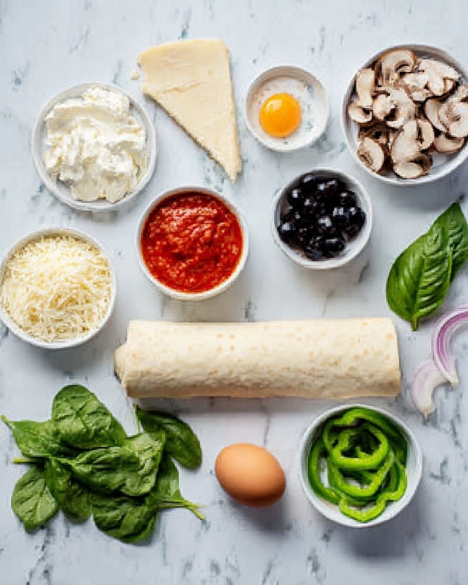 The image shows a white marbled surface with several ingredients arranged around a long, rolled dough strip in the center. Above the dough, there is a small white bowl filled with cream cheese, and slightly to its right is a small white bowl with red tomato sauce. To the right of the sauce, a small white bowl holds black olives, while below that, a slightly bigger white bowl contains sliced mushrooms. To the far right, there are green bell pepper strips in a small white bowl, and next to it, thinly sliced red onions in another small white bowl. Below the dough strip is a small pile of fresh spinach leaves and a brown egg. To the left, there are fresh basil leaves and wedges of grated Parmesan cheese placed directly on the marbled surface. The setup is bright and clean, focused on showing the ingredients clearly. Photo taken with an iphone --ar 4:5 --v 7
