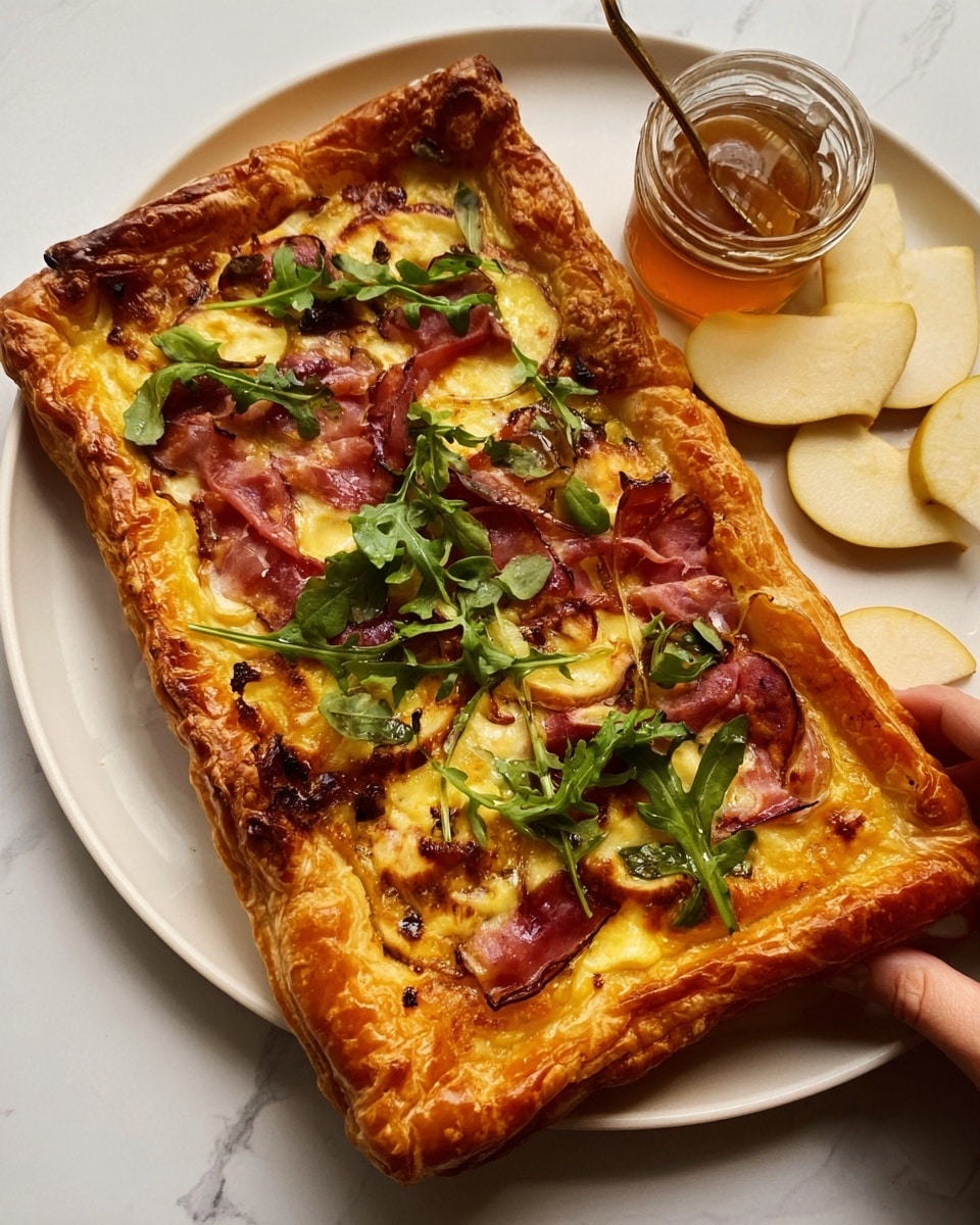 A rectangular puff pastry tart with golden, crispy edges holds layers of melted yellow cheese topped with thin slices of reddish ham and fresh green arugula leaves scattered across the top. The tart sits on a white plate with a white marbled surface underneath. On the side of the plate, there are a few slices of pale yellow apple, and a small jar of honey or sauce is placed behind the tart. A woman's hand is reaching towards the tart from the right side. photo taken with an iphone --ar 4:5 --v 7
