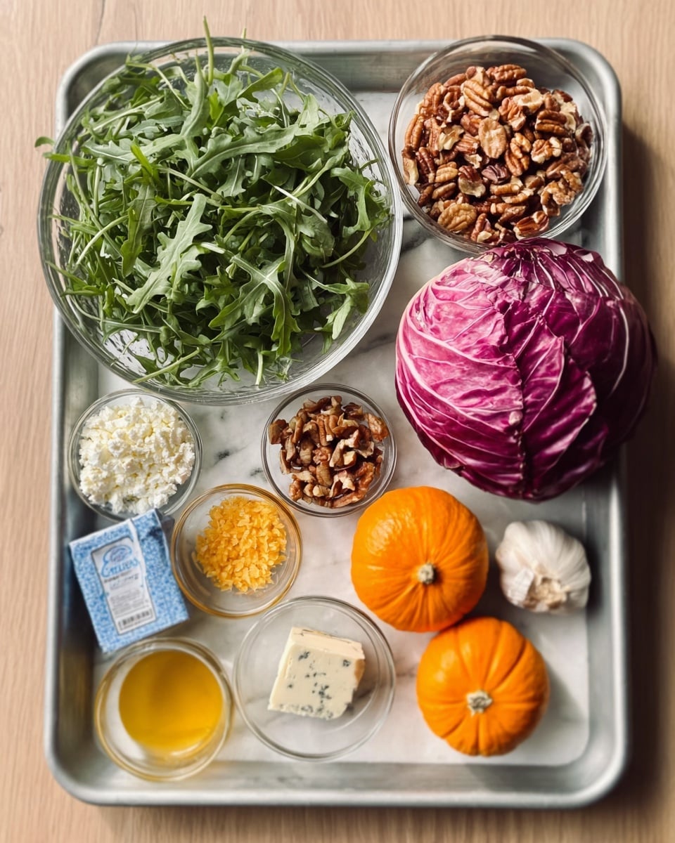 A tray holds many ingredients for cooking, placed neatly on a white marbled surface. At the bottom, there is a clear glass bowl filled with green arugula leaves. Above that, a smaller clear bowl is full of pecan nuts. Next to it, a ball of reddish-purple radicchio leaves rests on the tray. To the right, there are two small orange pumpkins and another small round orange item. In small glass bowls arranged near the top left, there are finely chopped shallots, creamy chopped nuts, honey, olive oil, orange juice, and a small amount of turmeric powder. A packet of blue and white cream cheese is placed near the middle. A piece of peeled garlic lies on the top right corner next to the pumpkins. All items show clear, natural colors and textures with soft light. Photo taken with an iphone --ar 4:5 --v 7