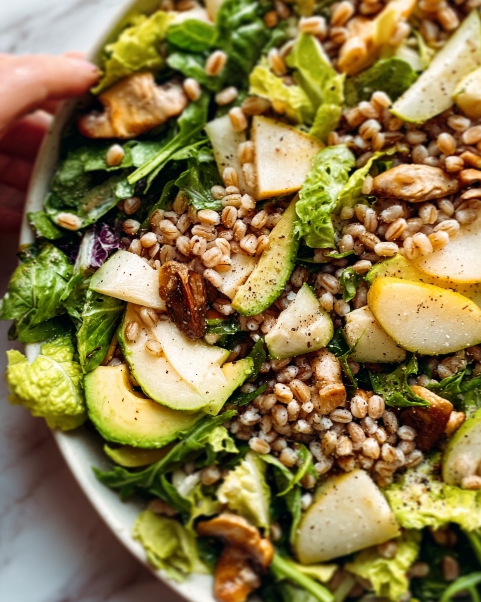 The image shows a close-up of a colorful salad in a white bowl set on a white marbled surface. The salad has several layers: the base is a mix of green lettuce leaves with light and dark green shades and a few leafy textures. Scattered on top are slices of avocado with smooth, pale green flesh and some pieces of pear with pale yellowish skin and white inside. There are several cooked barley grains spread evenly with a slightly shiny, soft texture and a pale beige color. Small pieces of mushroom with a smooth brown cap and white stalks are mixed throughout. Some black pepper is sprinkled in small dots on the surface. A woman's hand is reaching toward the salad on the left side. The overall texture looks fresh and crisp, with a mix of soft and firm ingredients. Photo taken with an iphone --ar 4:5 --v 7
