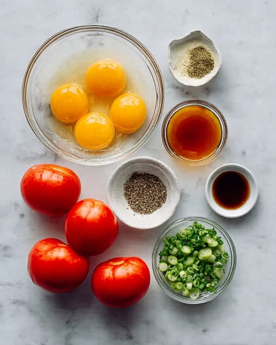 The image shows several small clear glass bowls arranged on a white marbled surface. One large bowl contains ten raw egg yolks and whites, sitting at the top left. To the right of it, there is a small bowl filled with a light brown liquid, and below that, another small bowl contains a dark brown liquid. Below these, a small white bowl holds black pepper. There is also a small pile of dry seasoning in the middle. At the bottom, four whole red tomatoes are placed in a group near a clear bowl of chopped green onions. The lighting is soft and natural, highlighting the colors and textures of the ingredients clearly. Photo taken with an iphone --ar 4:5 --v 7