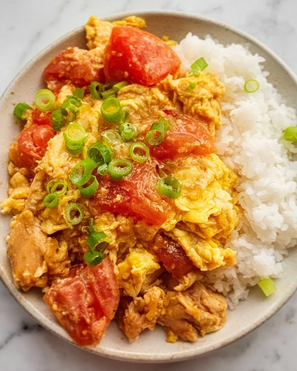 The image shows a close-up of a dish with white rice on one side and a colorful mixed stew on the other. The stew is layered with pieces of cooked chicken mixed with scrambled eggs, giving it a yellow and brown color with a soft texture. There are bright red tomato chunks scattered throughout, adding a slightly wet and chunky texture. Green sliced spring onions are sprinkled on top, adding a fresh look and bright green color. The meal is served on a white plate, placed on a white marbled surface. photo taken with an iphone --ar 4:5 --v 7