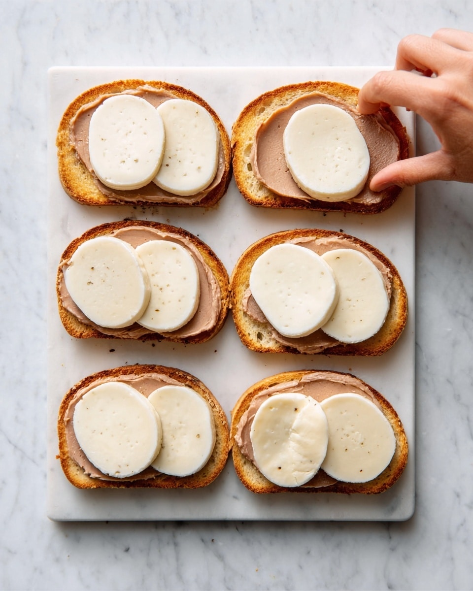 The image shows six slices of toasted bread arranged neatly on a white marbled surface, each topped with a spread of smooth brown pâté. On top of the pâté, there is one round slice of white cheese on each bread piece, creating a layered look with the golden toast base, brown spread middle, and white cheese top. A woman's hand reaches into the frame from the top right, about to pick up one of the slices. The scene is bright and simple, focusing on the textures and colors of the toast, spread, and cheese. photo taken with an iphone --ar 4:5 --v 7
