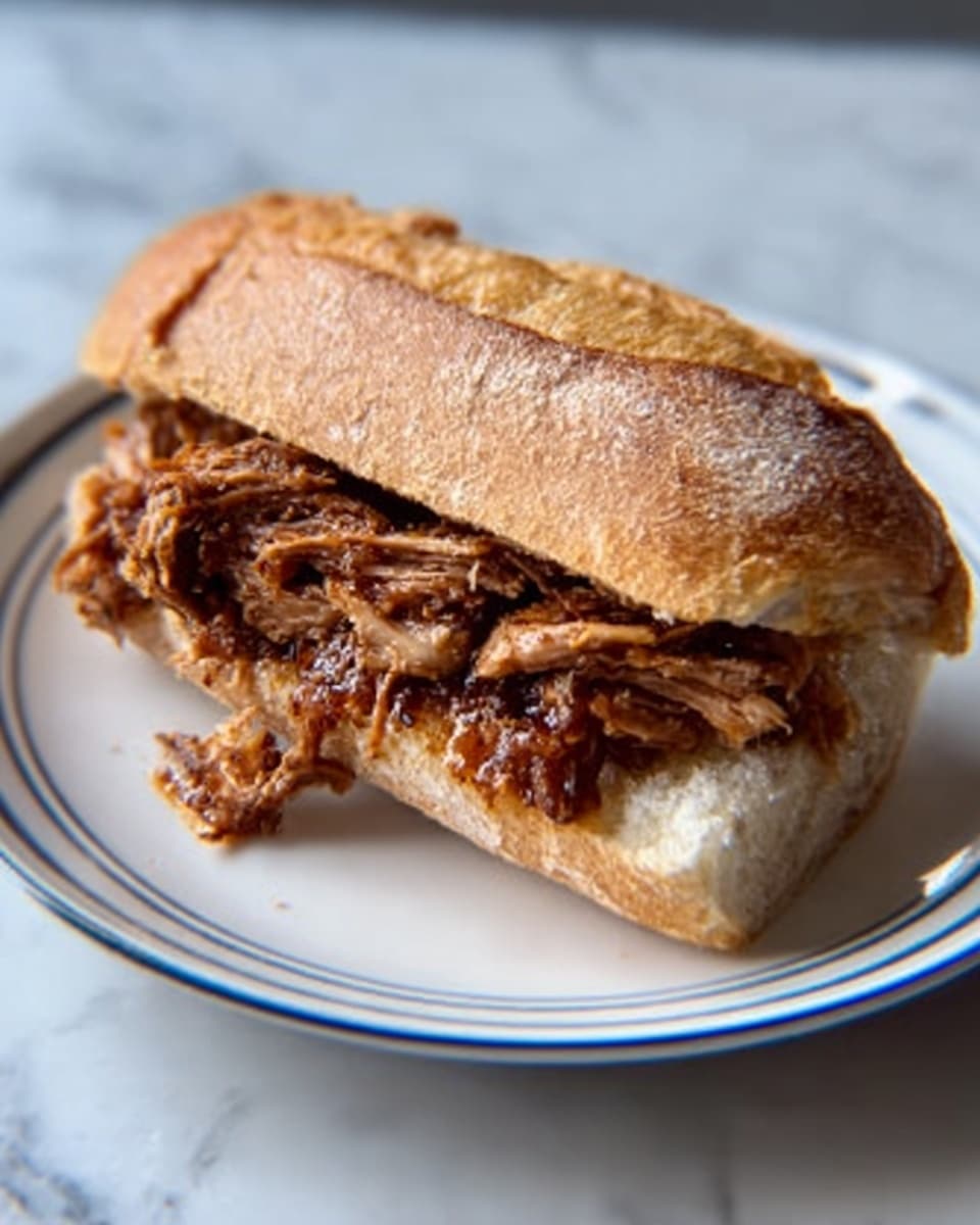 The image shows a sandwich on a white plate with a blue line pattern, sitting on a white marbled surface. The sandwich is made with a crusty baguette that is sliced open horizontally, revealing two layers of tender, seasoned shredded meat that look juicy and rich in color. The bread appears slightly toasted with a crunchy texture, and the meat fills the sandwich fully but not overflowing. There are no visible sauces, vegetables, or toppings inside the sandwich. Photo taken with an iphone --ar 4:5 --v 7