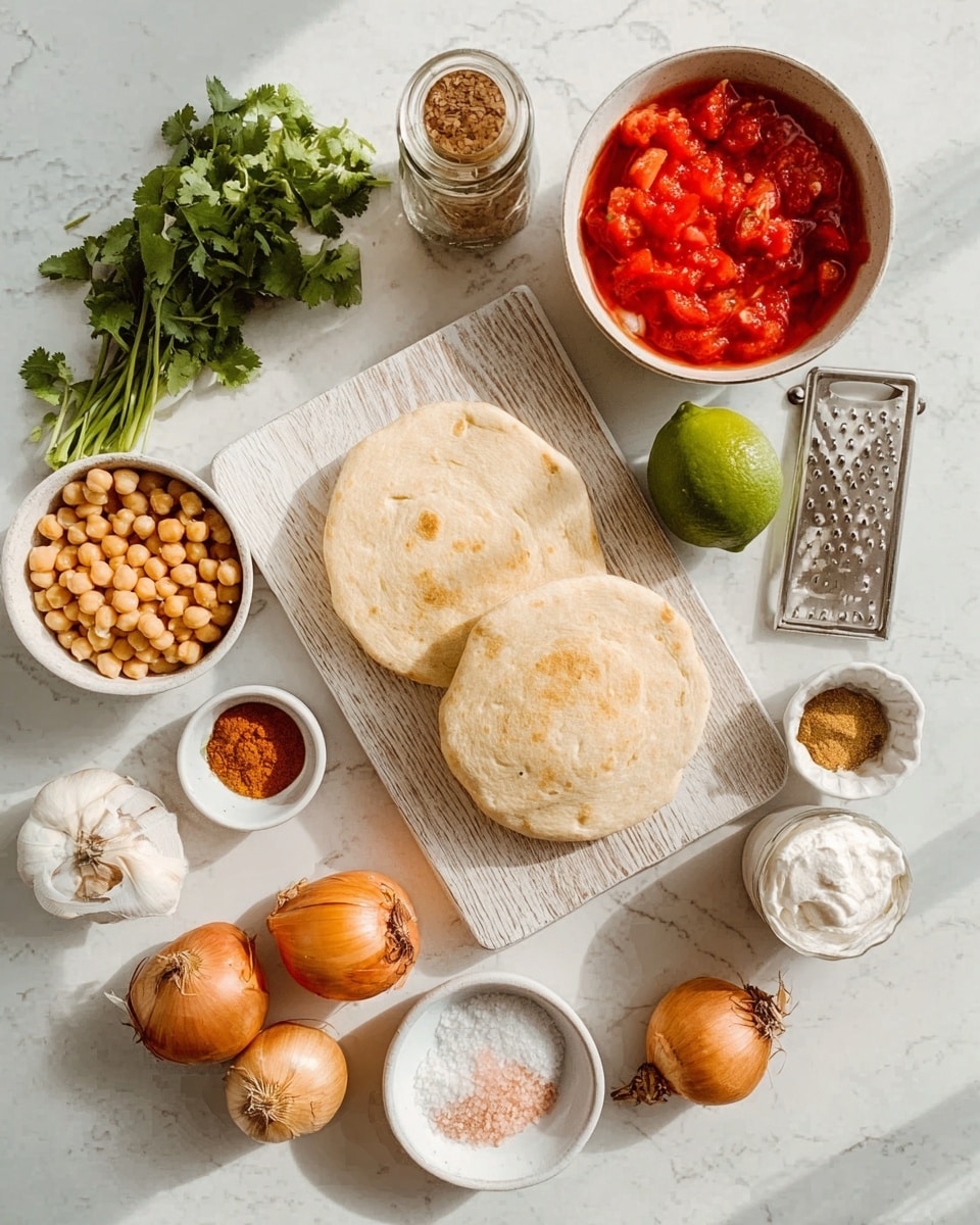 The image shows a white wooden board with two flat round pieces of light golden dough placed on it. Around the board are small white bowls and dishes filled with different cooking ingredients: a bowl of beige chickpeas, a bowl of bright red chopped tomatoes, a bowl of white granulated salt, and a bowl with a creamy white paste. There are also some fresh green cilantro leaves and a bright green lime placed near the center. Nearby, two whole light brown onions, a few cloves of white garlic, a small pile of mixed brown and orange spices, a wooden spoon holding pink salt, and a silver grater are arranged neatly on a white marbled surface. The lighting is soft and natural. photo taken with an iphone --ar 4:5 --v 7