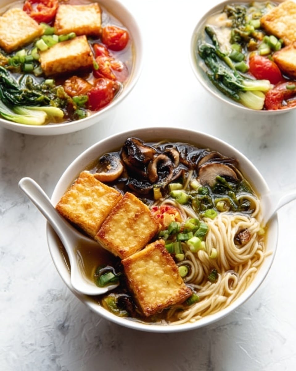 A white bowl filled with clear broth and noodles sits on a white marbled surface, with four light brown fried tofu pieces floating on top. Around the tofu, there are green leafy vegetables, sliced dark brown mushrooms, and chopped green onions sprinkled over. Behind it, two more white bowls are partially visible, each with a mix of tofu, red tomatoes, and green vegetables. A woman's hand holds a white spoon resting in the main bowl. photo taken with an iphone --ar 4:5 --v 7