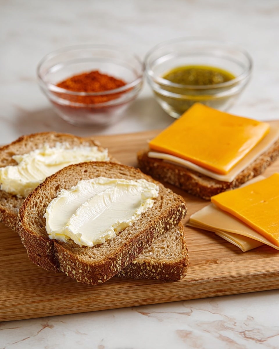 Two slices of brown bread with white cream spread on top are placed on a wooden cutting board. To the right, there are three slices of bright orange cheese layered neatly with three slices of smoked cheese in a brownish color with darker edges above them. Behind these items, two small clear glass bowls hold a red powder and a greenish sauce. The setting is on a white marbled surface. photo taken with an iphone --ar 4:5 --v 7