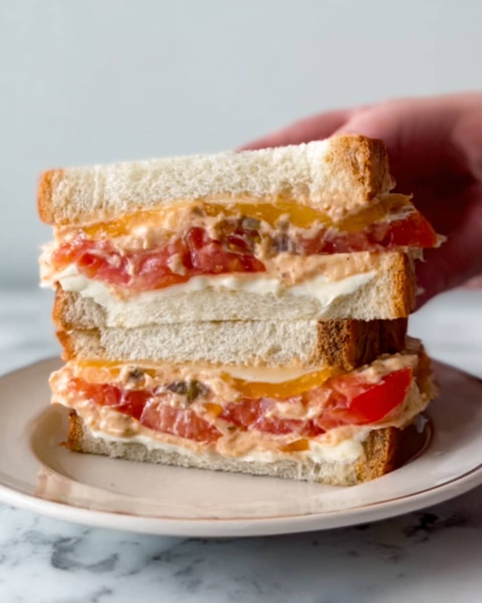 The image shows a close-up of a sandwich held by a woman's hand from the top right corner. The sandwich has three layers of thick white bread with a soft texture and some brown spots on the crust. The bottom layer has melted white cheese and slices of tomato with a bright red color and juicy texture. The middle layer has melted yellow cheese and more pieces of fresh tomato. The top layer has spread with creamy, light brown sauce with small bits of darker ingredients mixed in. The sandwich is on a simple white plate on a white marbled surface. photo taken with an iphone --ar 4:5 --v 7
