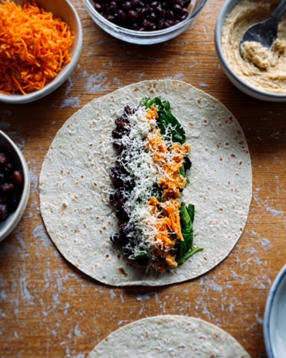 The image shows a single tortilla wrap placed on a wooden table with a white marbled texture in the background. On top of the tortilla, there is a colorful line of ingredients running down the center: black beans, green leafy vegetables, orange shredded carrots, and a sprinkle of white cheese over the top. Around the main tortilla, there are white bowls filled with black beans, shredded orange carrots, and a scoop of light-colored hummus with a spoon resting inside. Another plain tortilla is partly seen next to the filled one. The scene looks fresh and ready to roll. Photo taken with an iphone --ar 4:5 --v 7