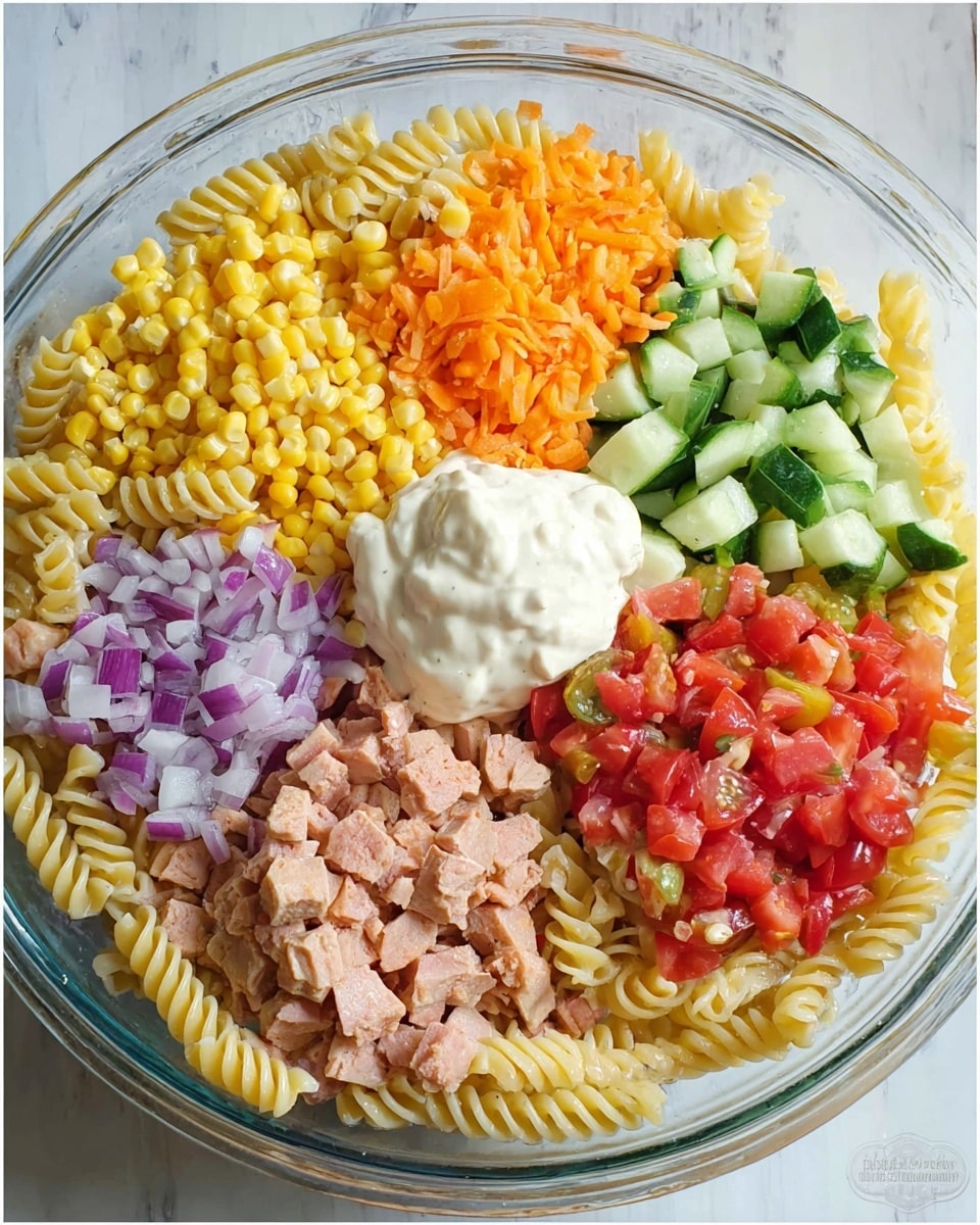 The image shows a clear glass bowl with five separated layers arranged in sections. Starting from the top left is a bright golden yellow layer of corn kernels, next to it on the right is a layer of small green cucumber chunks. To the right of the cucumber is a layer of small, bright orange carrot pieces. Below the carrots on the bottom right is a section filled with small red tomato pieces. Beneath the tomatoes is a layer of finely chopped purple onion, and beside that is a pile of small, tan-colored diced meat chunks. In the next image, a dollop of thick white sauce is added on top of the diced meat and onion layers. In the last image, all ingredients are fully mixed with light yellow spiral pasta, evenly coating the mixture with creamy texture, giving a colorful mix of golden yellow, green, orange, red, tan, purple, and creamy white all blended together in the clear glass bowl placed on a white marbled surface. photo taken with an iphone --ar 4:5 --v 7