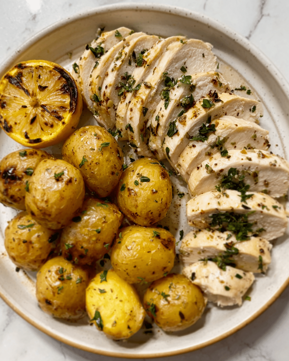 The image shows a white round plate on a white marbled surface, with two main layers. On the top half of the plate, there are evenly sliced pieces of light beige cooked chicken arranged in a semi-circle, sprinkled with small green herbs. On the bottom half of the plate, there are several small golden brown potatoes, some with visible herbs on them, grouped closely together. A grilled lemon half with a slightly charred surface is placed on the left side near the potatoes. Photo taken with an iphone --ar 4:5 --v 7