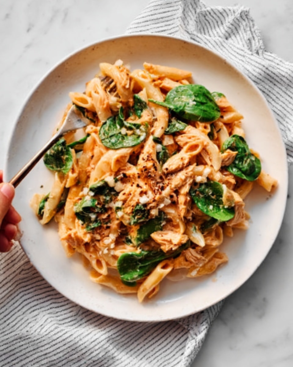 A white pan filled with long, thin pasta coated in a light orange sauce, mixed with small round orange pieces, green leafy vegetables, and sprinkled with small white shreds on top. Two forks held by a woman's hand are lifting some pasta from the pan. The pan sits on a white marbled surface, with two glasses of dark red drink and stacked white bowls in the background. photo taken with an iphone --ar 4:5 --v 7