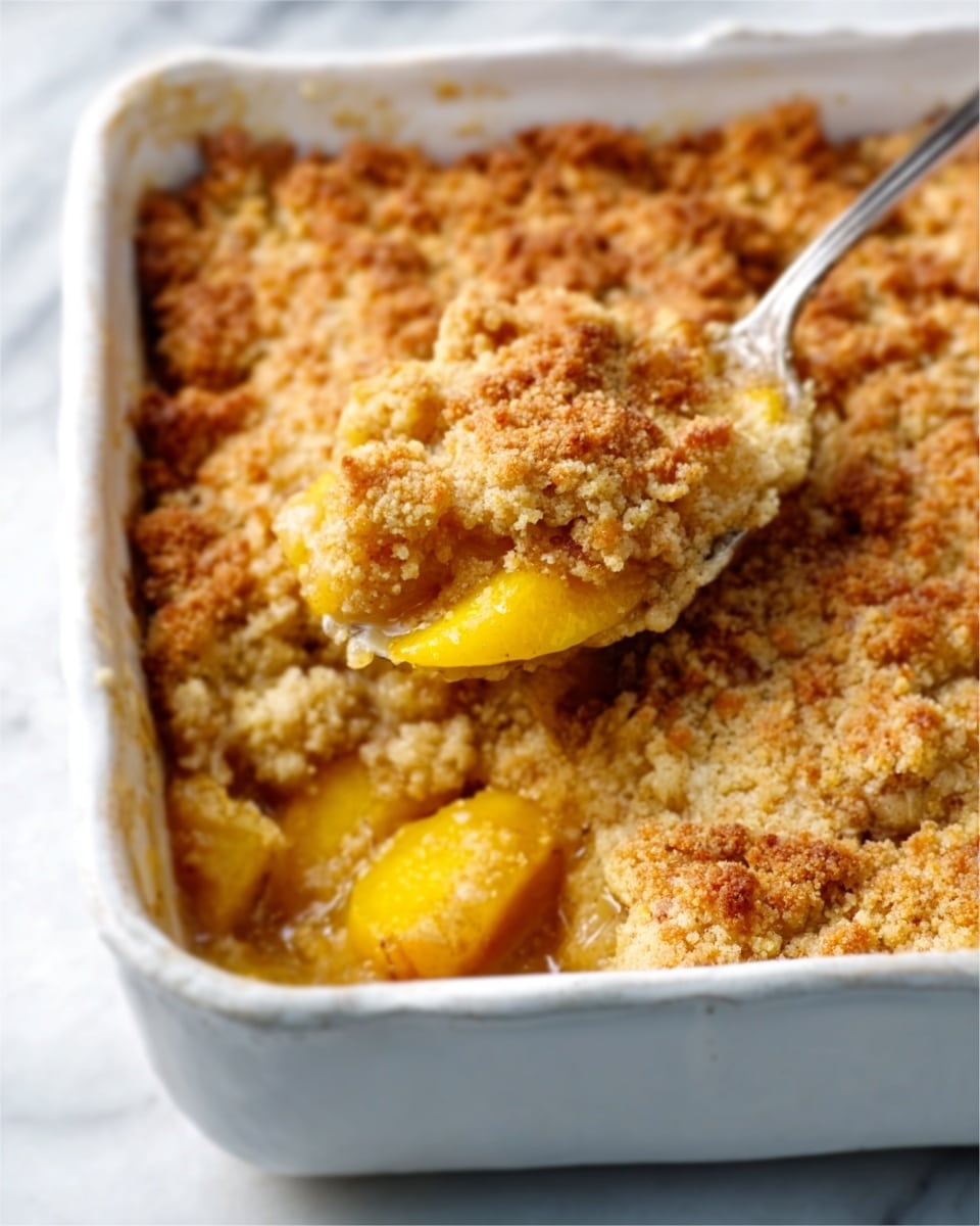 In a white bowl, there is a dessert made of several soft, golden-brown baked dough pieces layered with bright orange and yellow peach slices that look juicy and slightly shiny. The dough pieces have a crumbly, rough texture while the peaches appear tender and syrupy, spreading their sweet glaze around. The bowl sits on a light brown cloth with a white marbled surface beneath it. photo taken with an iphone --ar 4:5 --v 7